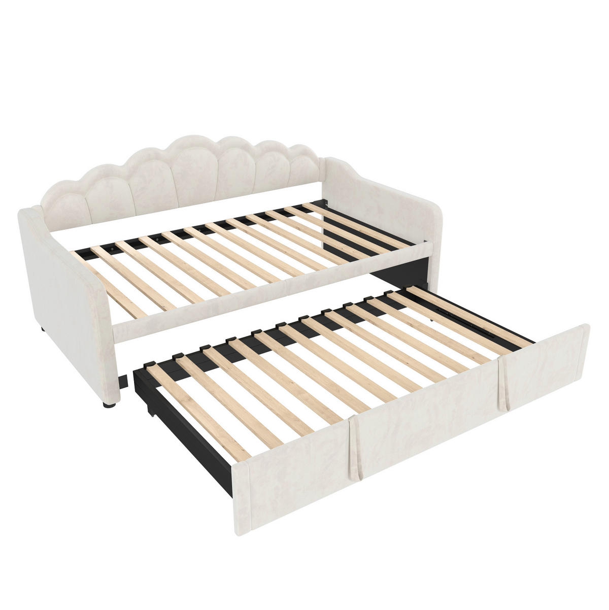 TAGESBETT aus Samt 90x200 cm Beige mit ausziehbarem Rollbett, LED-Beleuchtung und Liegefläche 180x200 cm - Beige, Textil (90/200cm) - IVMEU