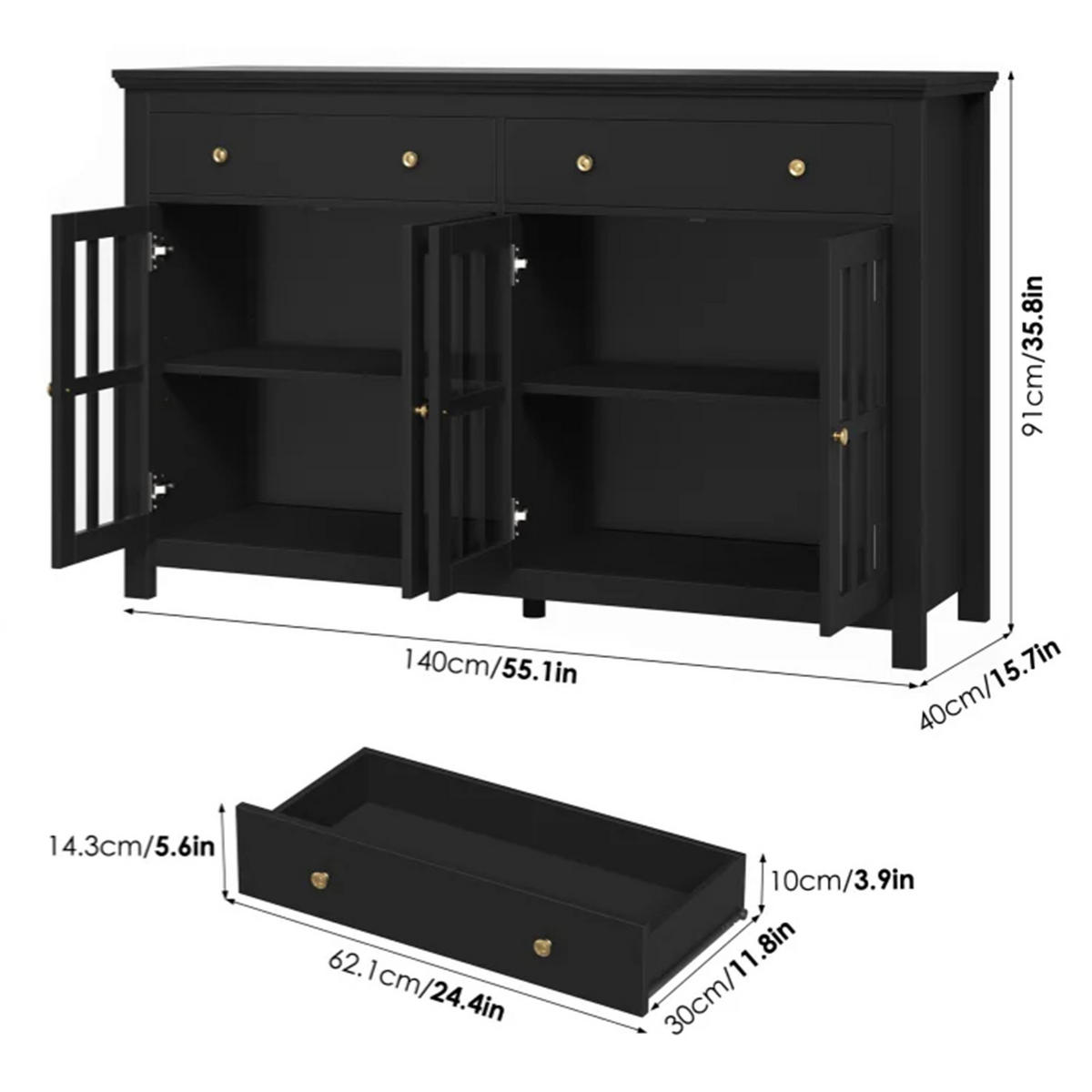 SIDEBOARD 140/91/40 cm Küchenschrank, 2 Schubladen, Schwarz - Schwarz, Holz (140/91/40cm) - Coonoor
