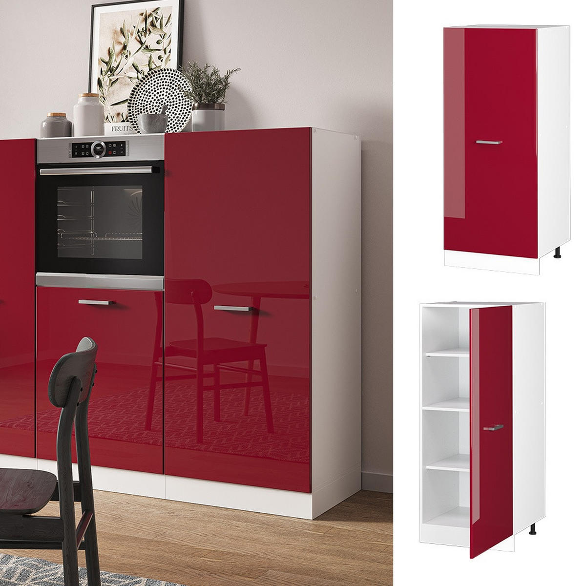 VORRATSSCHRANK R-Line Rot Hochglanz 60 cm - Rot/Weiß, Holzwerkstoff (60/143/57cm) - Vicco