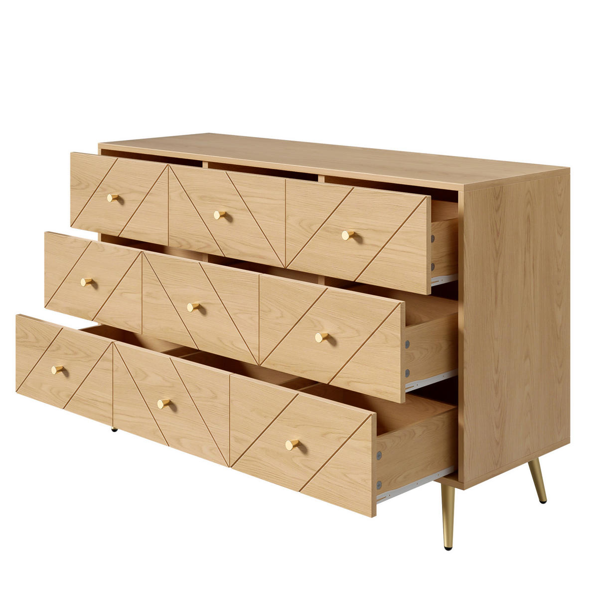 KOMMODE, 9 Schubladen, PB mit Eisenbeinen, geometrische Fronten, 120x39x80 cm, Natur - Naturfarben, Holzwerkstoff (39/80/120cm) - Modfu