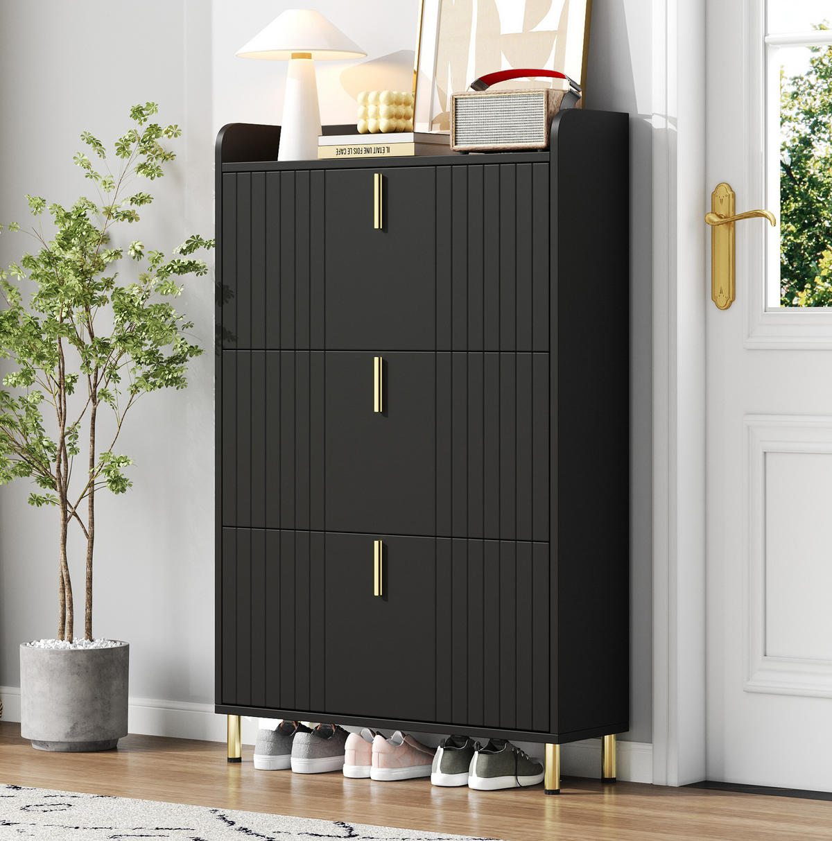 SCHUHSCHRANK 80/23/123,5 cm mit 3 Klappen, verstellbaren Einlegeböden und Ablagefläche, Schwarz - Schwarz, Holzwerkstoff (80/123.5/23.5cm) - Redom