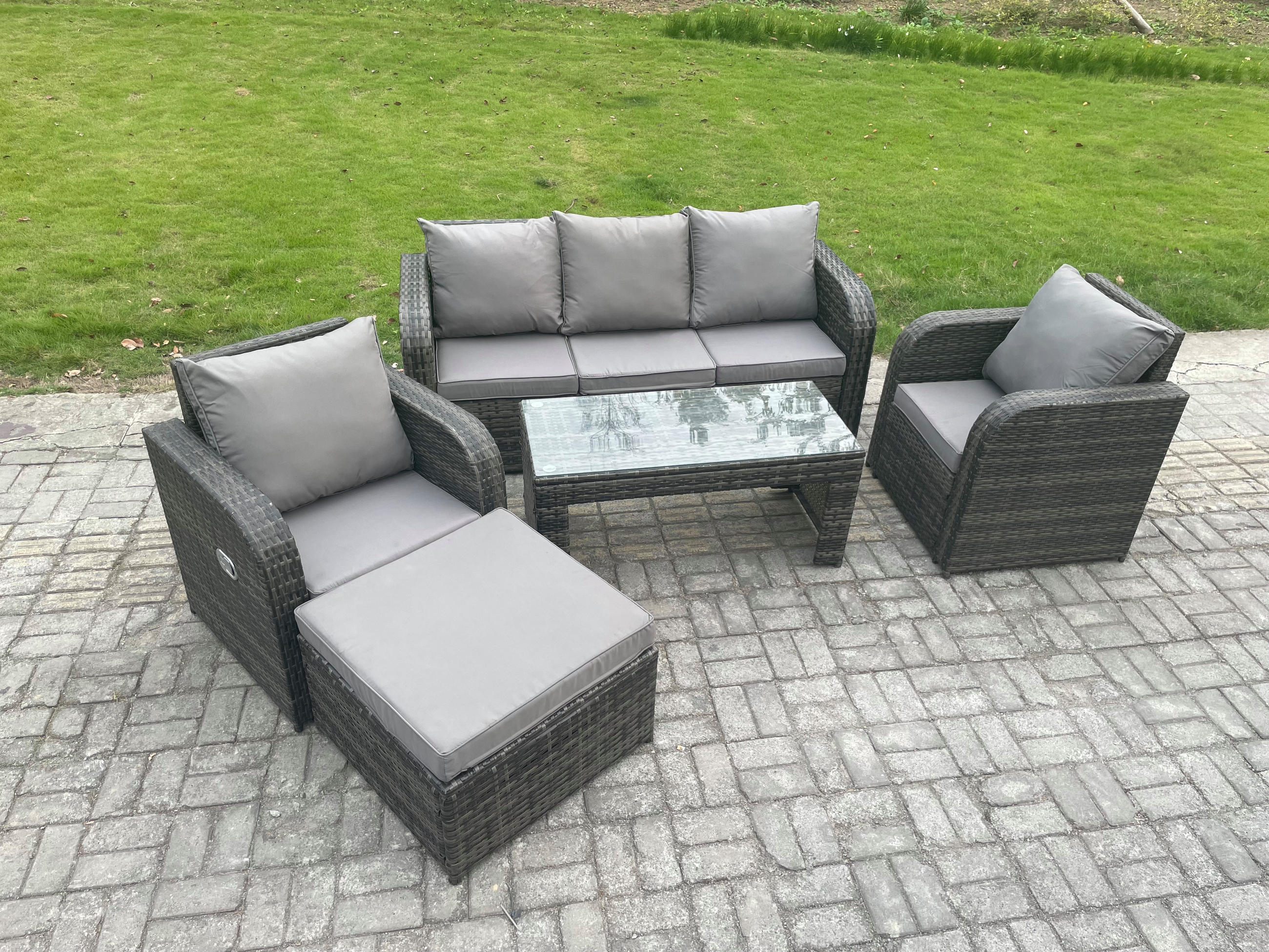 Thumbnail - Fimous Gartensofa, Dunkelgrau, Metall, Kunststoff, Glas, 6-Sitzer, Füllung: Schaumstoff, rechteckig, Loungemöbel, Lounge...