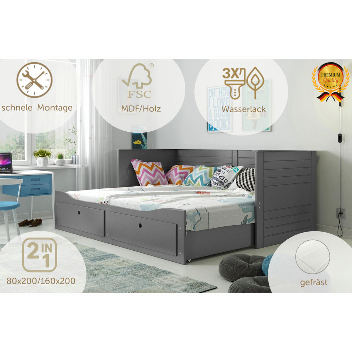 TAGESBETT Hermes 200x80/160cm Grau mit Lattenrost und Schubladen - Grau, Holzwerkstoff (160/200cm) - Interbeds