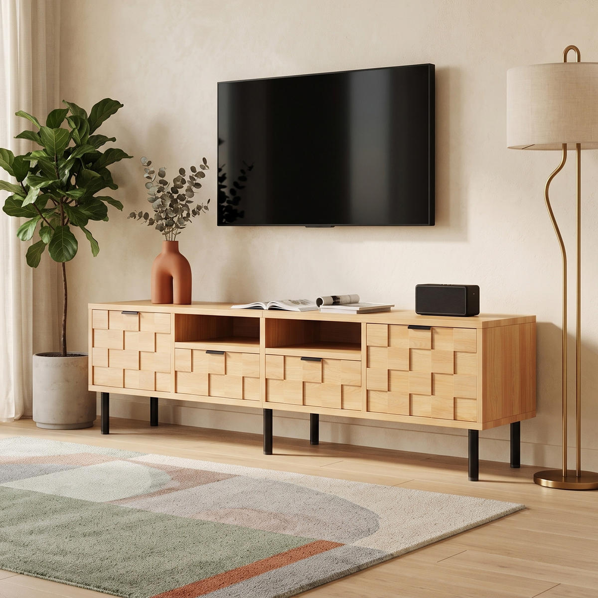 NÍZKÁ SKŘÍŇKA (LOWBOARD) dekor přírodního dřeva 200 cm pro 80palcovou TV, 3D dekor, 2 dvířka a 2 zásuvky - přírodní, kompozitní dřevo (200/44.5/35cm) - Urban Meuble