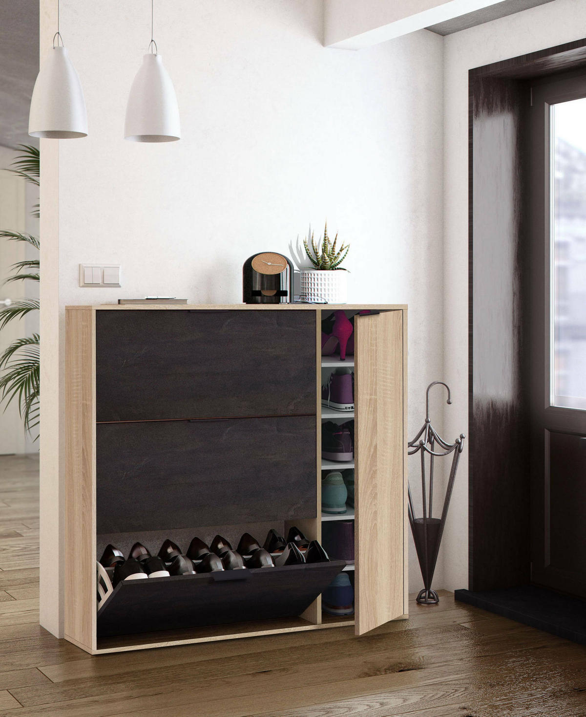 SCHUHSCHRANK Eiche, Schwarz 22/106/115 cm - Wildeiche/Schwarz, Holzwerkstoff (106/115/22cm) - DMORA