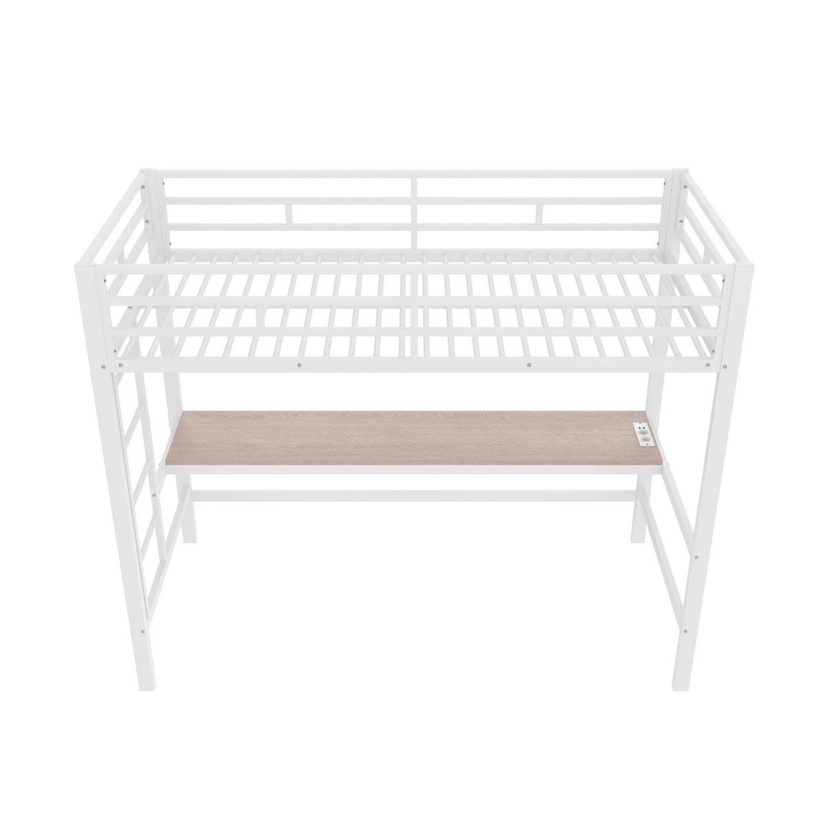 HOCHBETT aus Metall und MDF 90x200 cm Weiß mit Schreibtisch, LED-Lichtleiste, USB, Typ-C und Steckdose - Weiß, Metall (90/200cm) - Modfu
