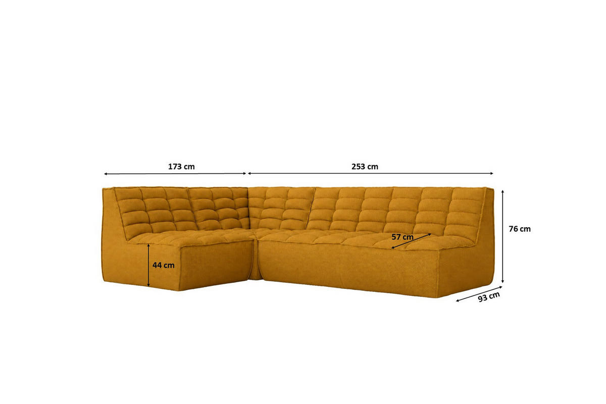 ROHOVÁ SEDAČKA modulární ve tvaru L, plyšová tkanina Pop, Hořčicová, Levá strana, LAZY L Mini - žlutá, dřevo (253/173cm) - Kaiser Möbel