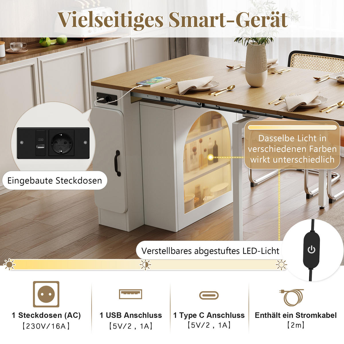 KÜCHENINSEL Mobile & Ausziehbarer Esstisch (4-in-1) mit LED, Steckdose & Stauraum - Weiß, Glas/Holzwerkstoff (83/77/39.6cm) - Urban Meuble