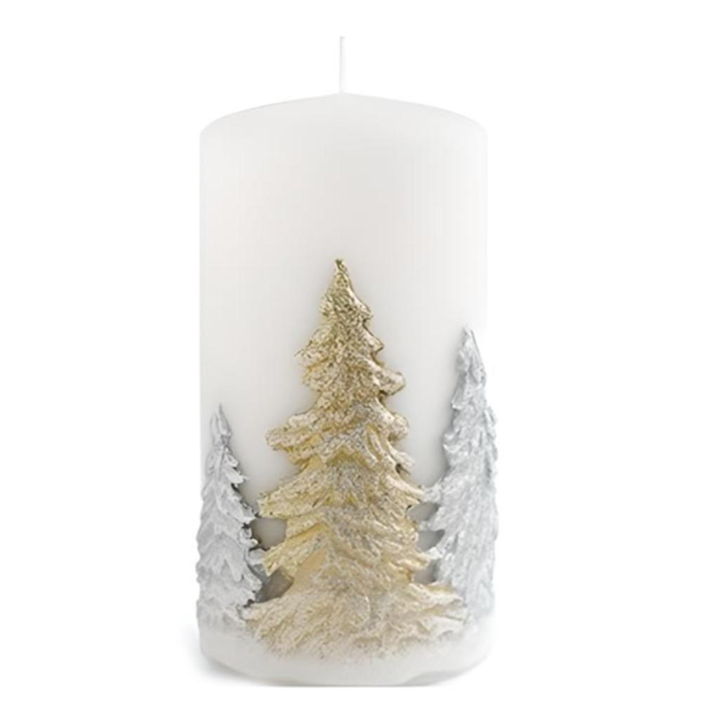 KERZE Winterbäume Weiß 7/7/14 cm Naturmaterial - Weiß, Naturmaterialen (14cm) - Mondex