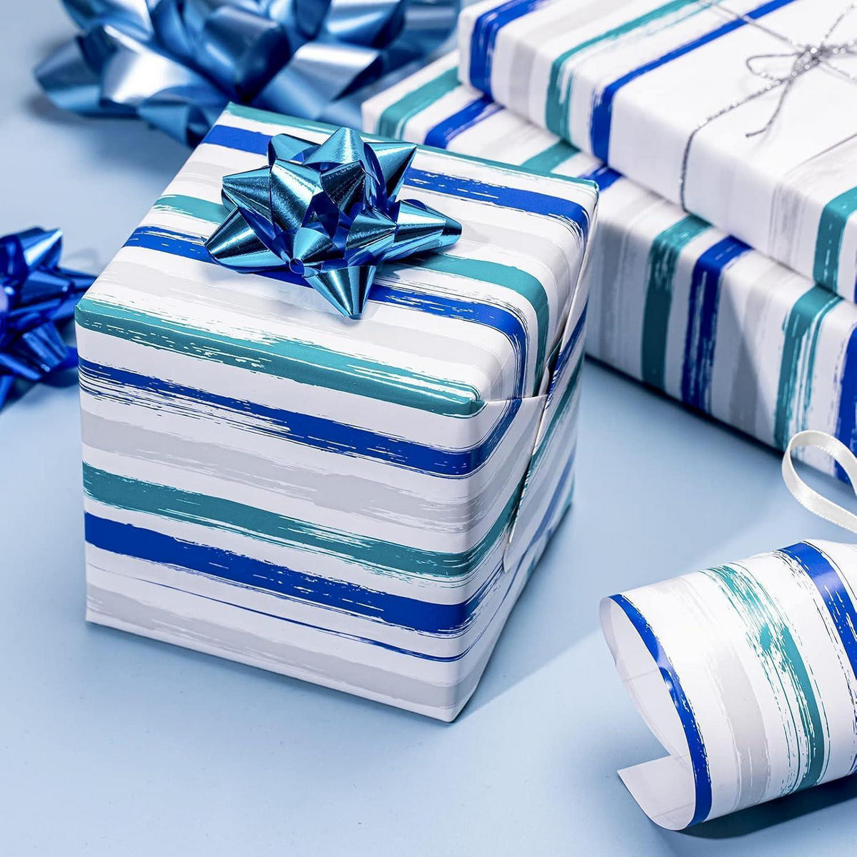 GESCHENKPAPIERROLLE Blau Grau Liniendruck 43,2 cm x 10 m - Multicolor, Papier (43.2/0.1/1000cm)