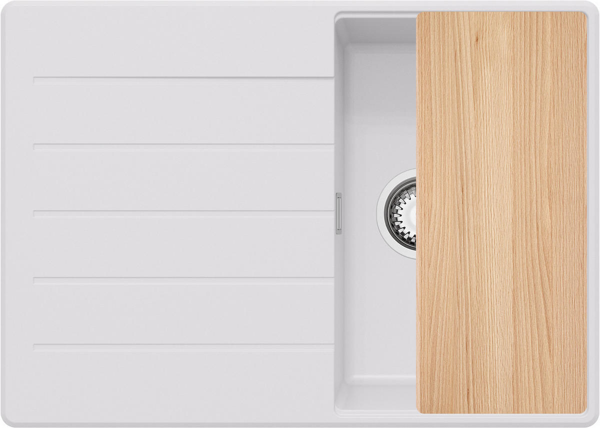 SPÜLBECKEN Kopenhagen, 2-er set Weiß 70/50 cm 1 Becken + Ablauf-Set + Schneidebrett ab 40er Unterschrank - Chromfarben/Beige, Kunststoff (70/20/50cm) - Primagran