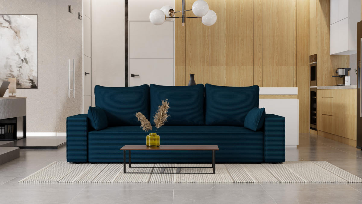 SOFA Vens mit Bettkasten und Schlaffunktion, Cordstoff - Blau, Holzwerkstoff (242/85/95cm)