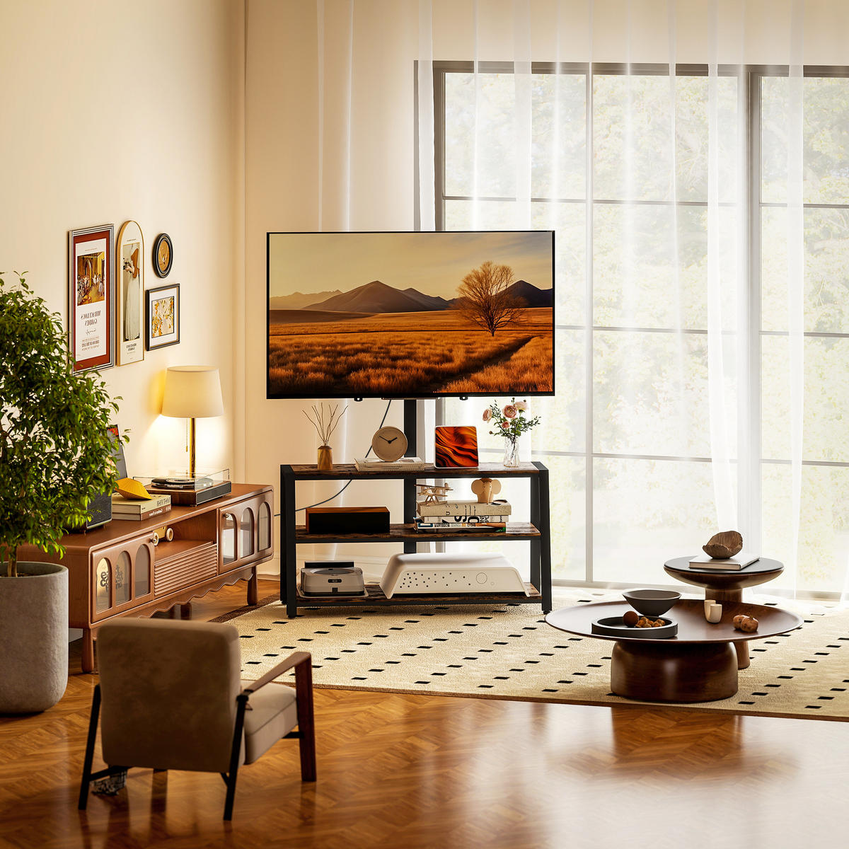 TV-SCHRANK Braun/Schwarz 108/41/135 cm, Mit TV-Halterung, Schwenkbar, Offene Fächer - Braun, Holzwerkstoff (108/135/41cm) - PANGIVO