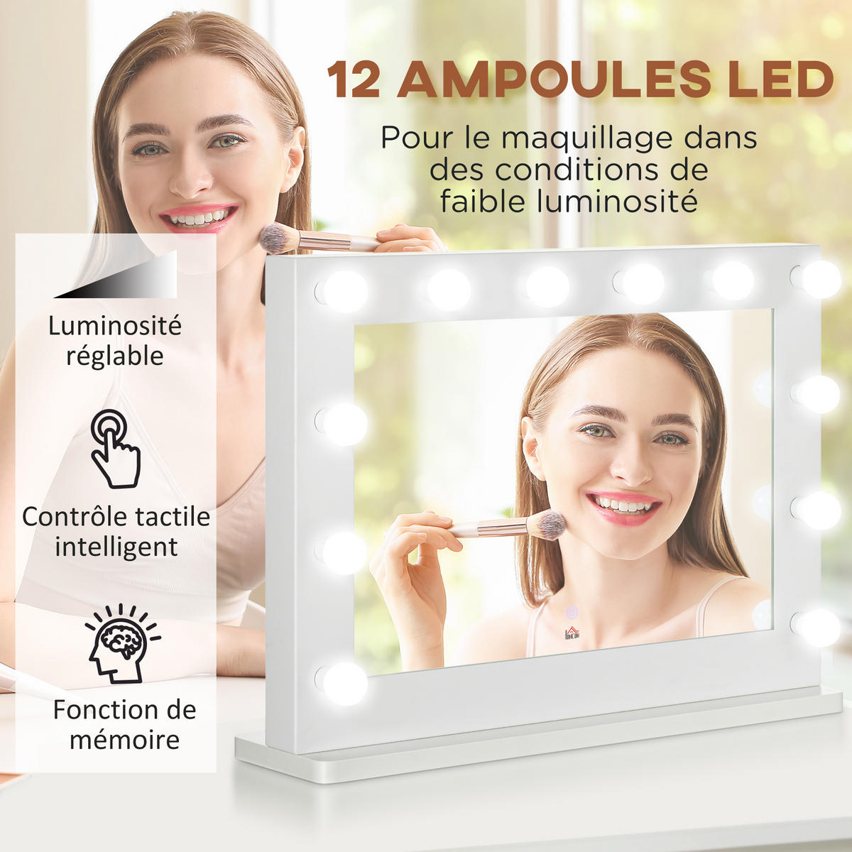 SCHMINKSPIEGEL DE-18311 mit 12 LEDs, dimmbar Weiß - Weiß, Glas (60/80/20cm) - ComfortXL