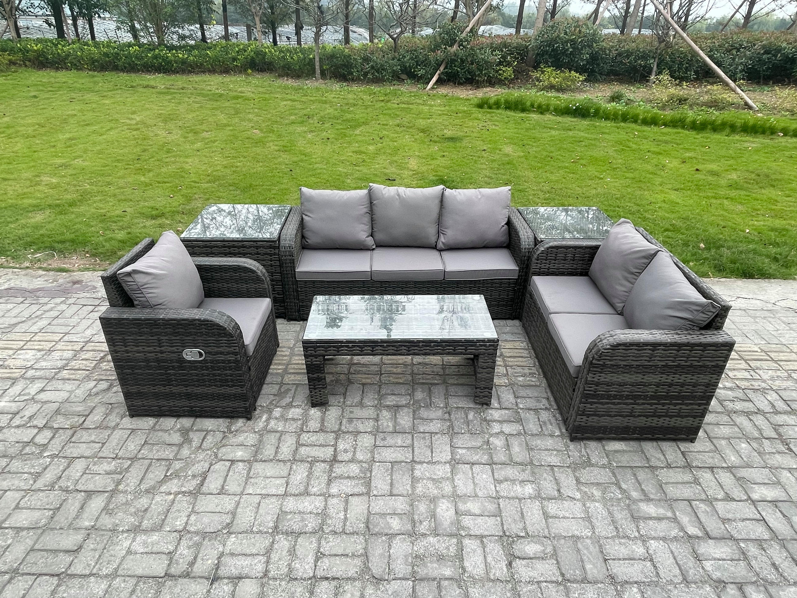 GARTENSOFA SET mit rechteckigem COUCHTISCH Polyrattan 6-Sitzer Dunkelgrau - Dunkelgrau/Grau, Glas/Kunststoff - Fimous