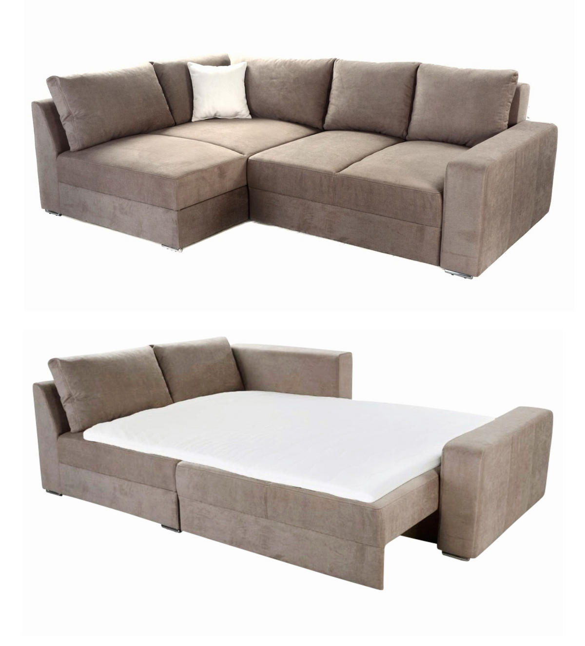 ECKSOFA-DAUERSCHLÄFER Boxspring Federkern Topper Bettkasten, seitenverkehrt montierbar B260/T181/H88 cm, Mikrofaser in Hellbraun / 15108 - Hellbraun/Chromfarben, Textil/Metall (260/181cm) - luma-home