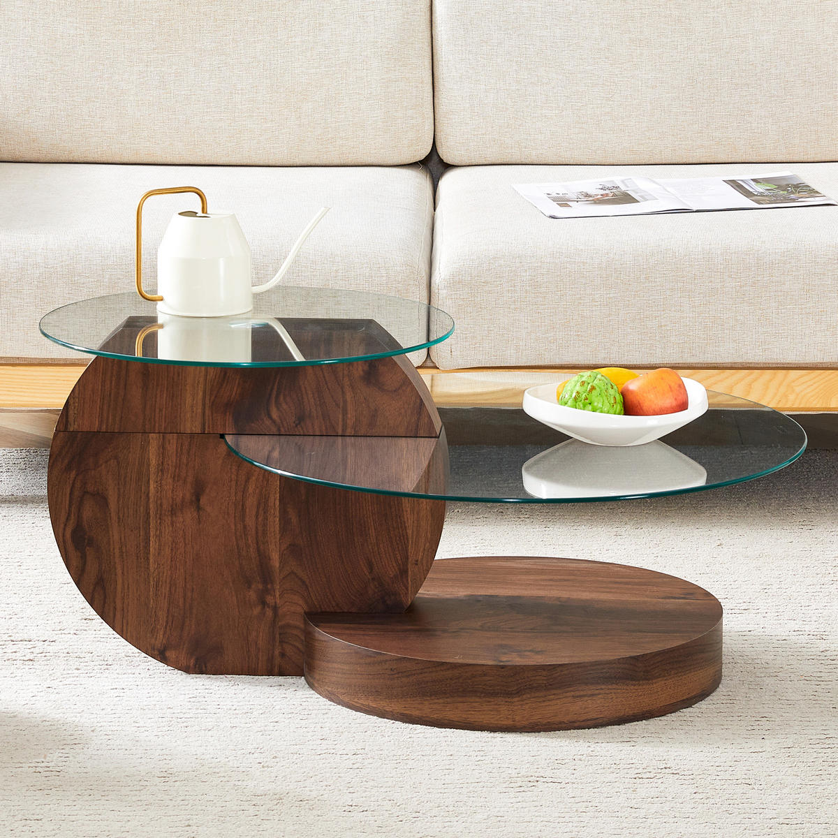 COUCHTISCH in Walnussfarbe und Weiß Wohnzimmertisch mit zwei Ebenen aus Sicherheitsglas für Wohnzimmer, B90/T70/H44 cm - Transparent/Walnussfarben, Glas/Holzwerkstoff (70/90/44cm) - STILVORA