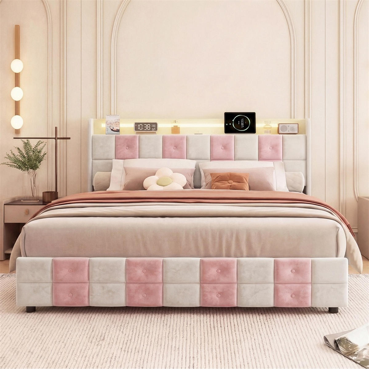 POLSTERBETT 140x200 cm - mit LED-Beleuchtung&USB-Ladefunktion und 4 Schubladen - ohne Matratze - Weiß-Rosa - Pink, Textil (140/200cm) - DELFA