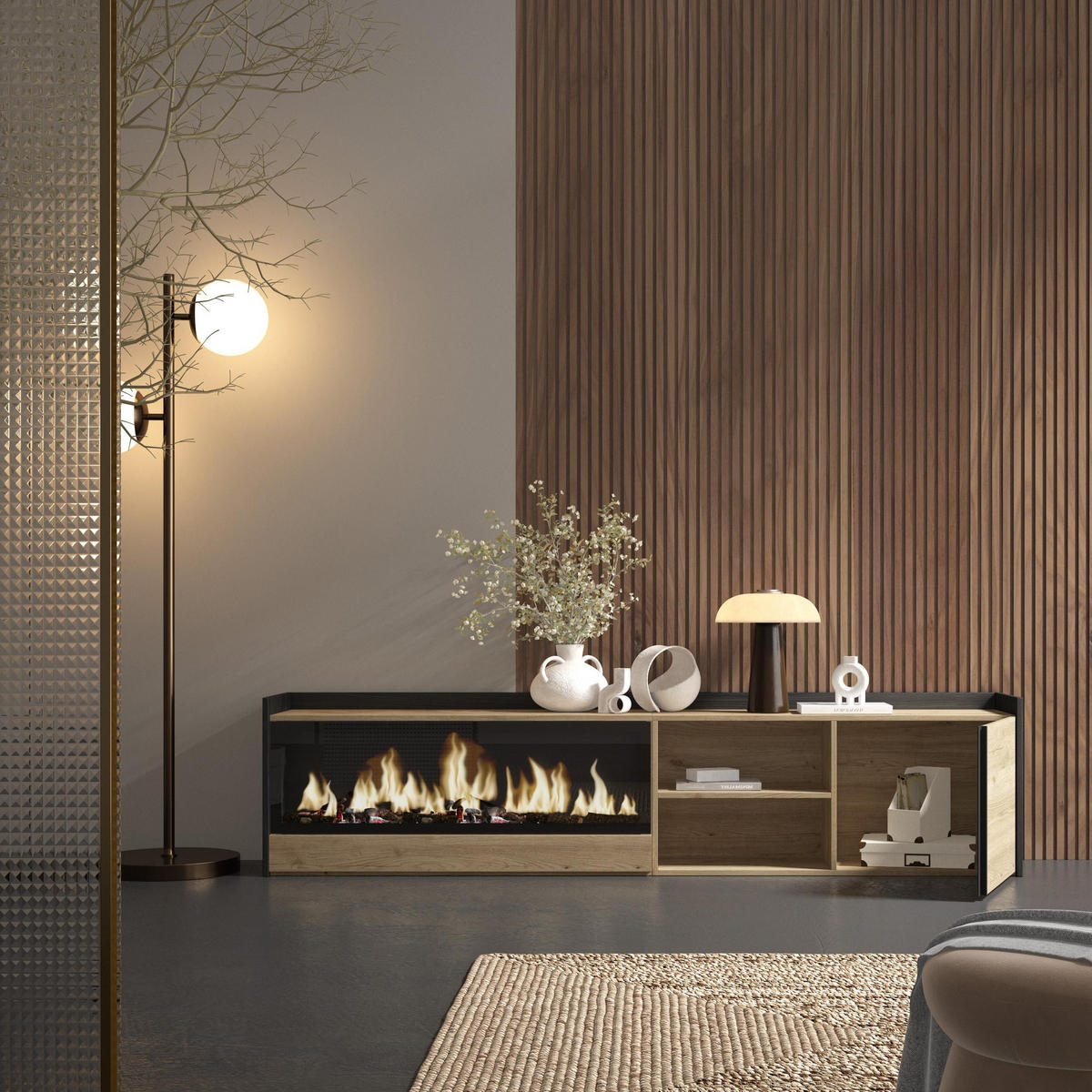 LOWBOARD, Eiche und Schwarz, 212/35/50cm, Kamin mit Feuereffekt XXL - Eichefarben, Holzwerkstoff (212/50/35cm) - Skraut Home