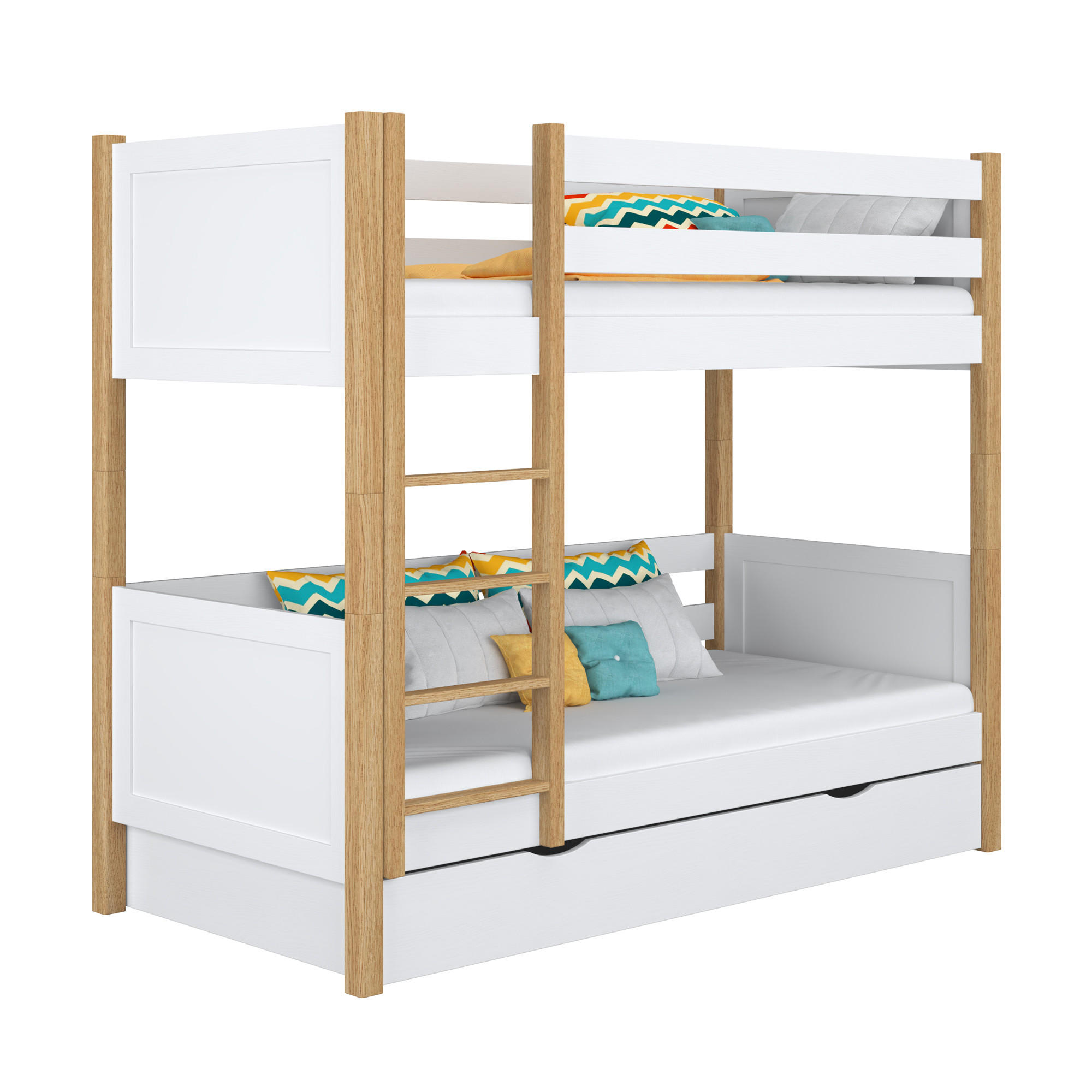 ETAGENBETT N02 mit Schublade Weiß / Eiche Natur 90/190 - Eiche Artisan/Weiß, Naturmaterialien/Holz (90/190cm) - N-Wood