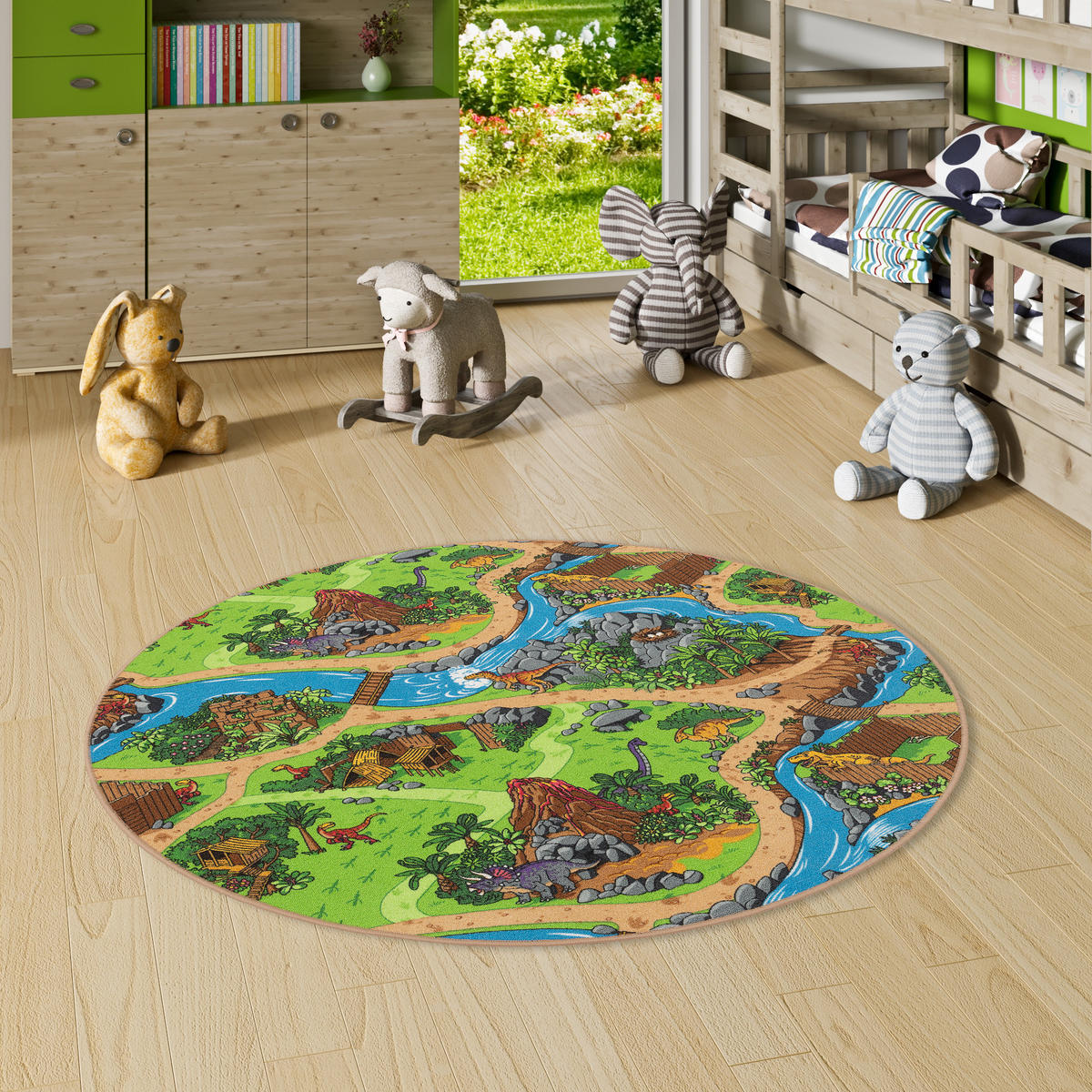 KINDER SPIEL STRASSEN TEPPICH DINO WELT RUND - Grün, Textil (200/200cm) - Snapstyle