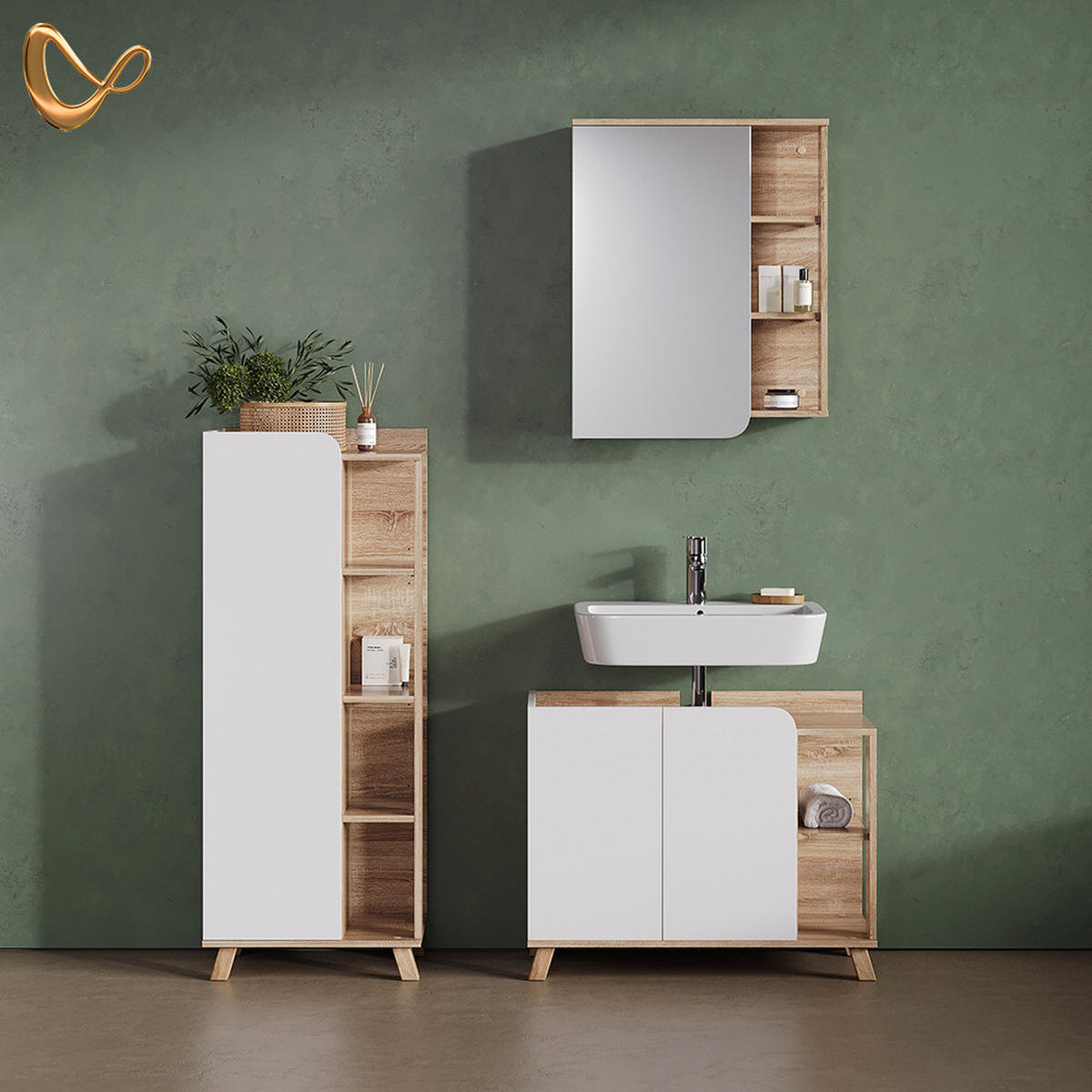 KOMPLET KOPALNIŠKEGA POHIŠTVA Marano, Sonoma/Bela, 3-delni - bela/hrast sonoma, leseni material (80/65/35cm) - Livinity®
