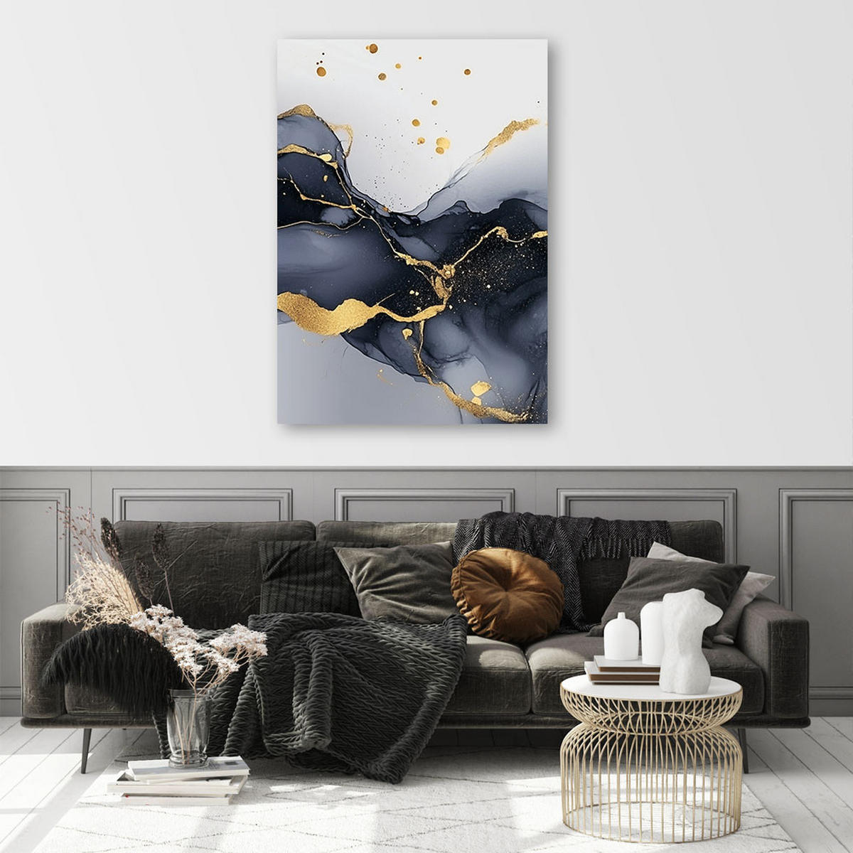 LEINWANDBILD Schwarz-weißer Marmor mit Gold - Grau, Textil (70/100cm) - Feeby