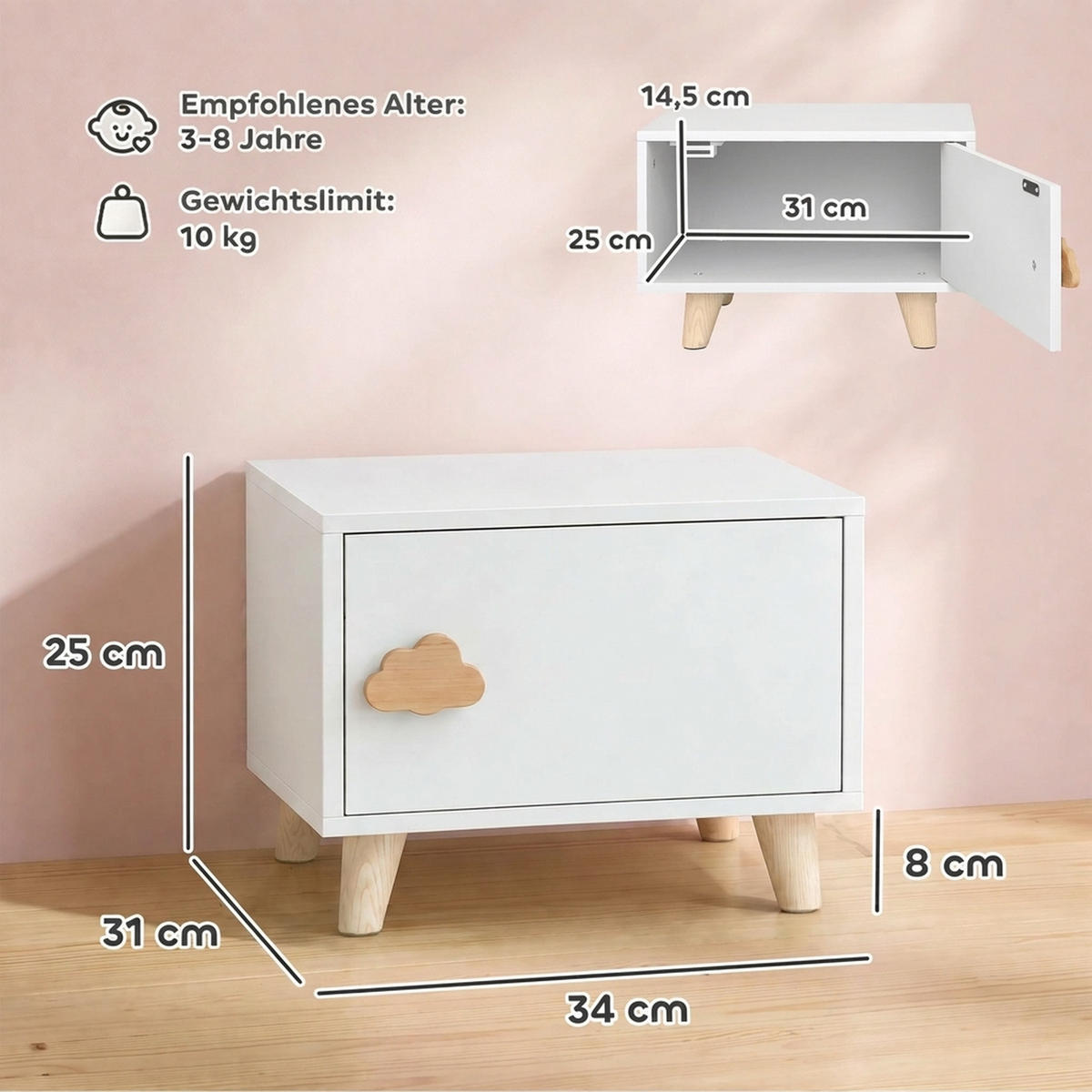 KINDER Nachttisch Spanplatte Kiefernholz Weiß - Weiß/Kieferfarben, Holz/Holzwerkstoff (31/25/34cm) - AIYAPLAY