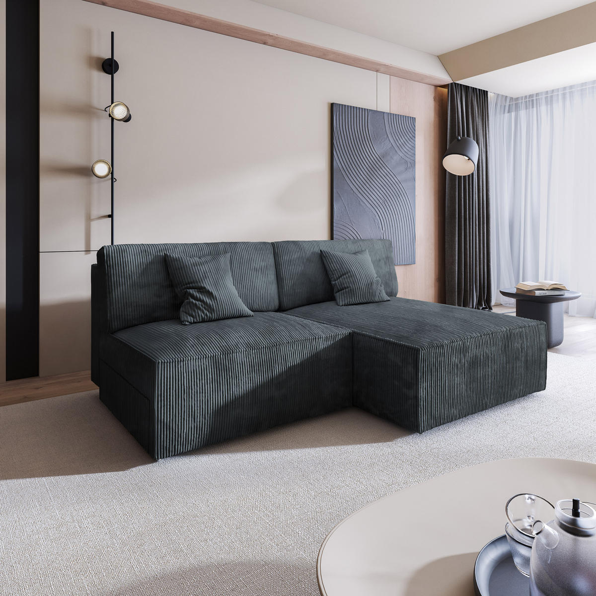 ECKSOFA FIORO P Graphitfarben Kordstoff mit Schlaffunktion - Graphitfarben/Grau, Holz/Kunststoff (204/148cm) - MASSENO