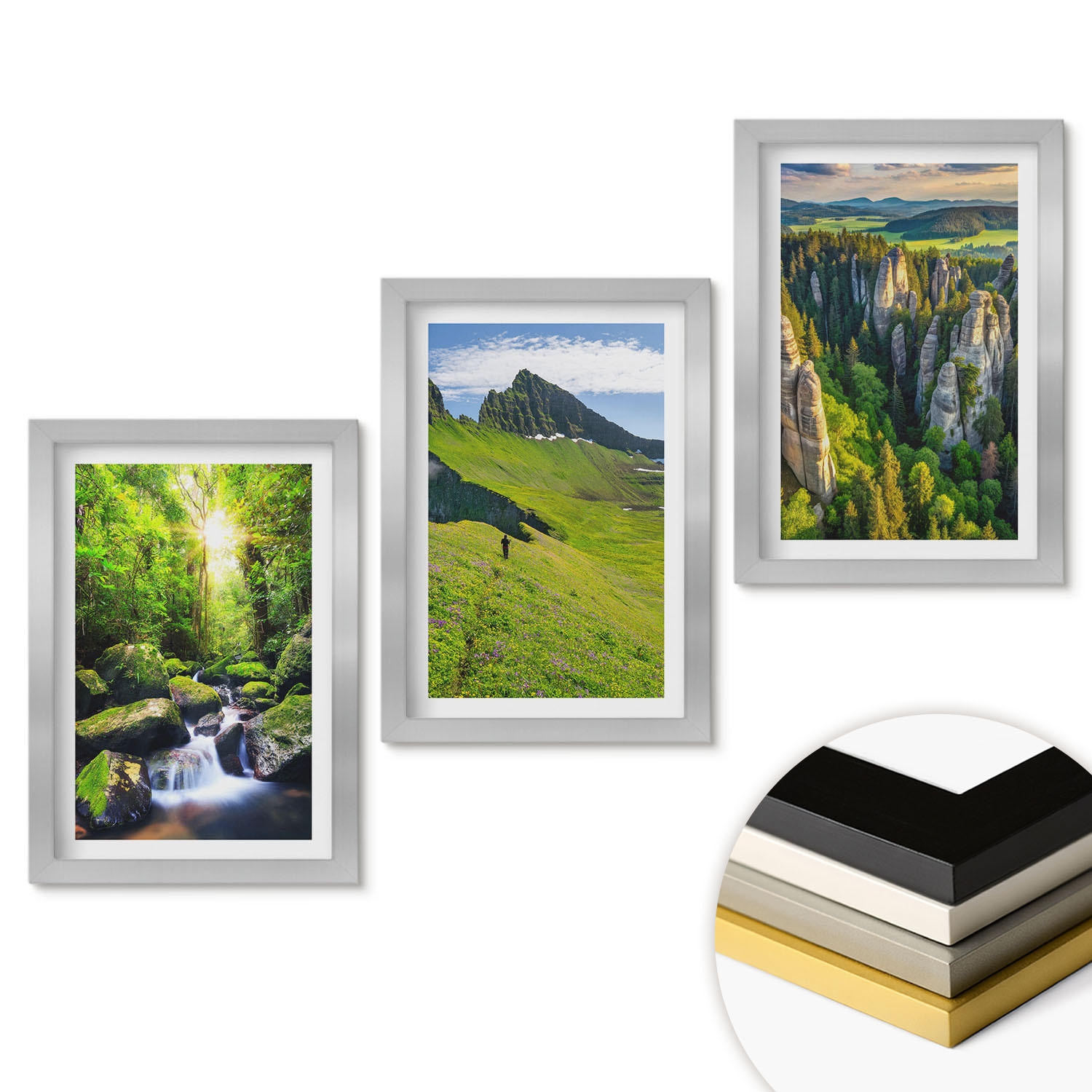 WANDBILDER 3er Set - 20x30 cm Silberner Rahmen - Grüne Berge Wasserfallwald - Silberfarben, Kunststoff (20/30cm) - ArtPrintCave
