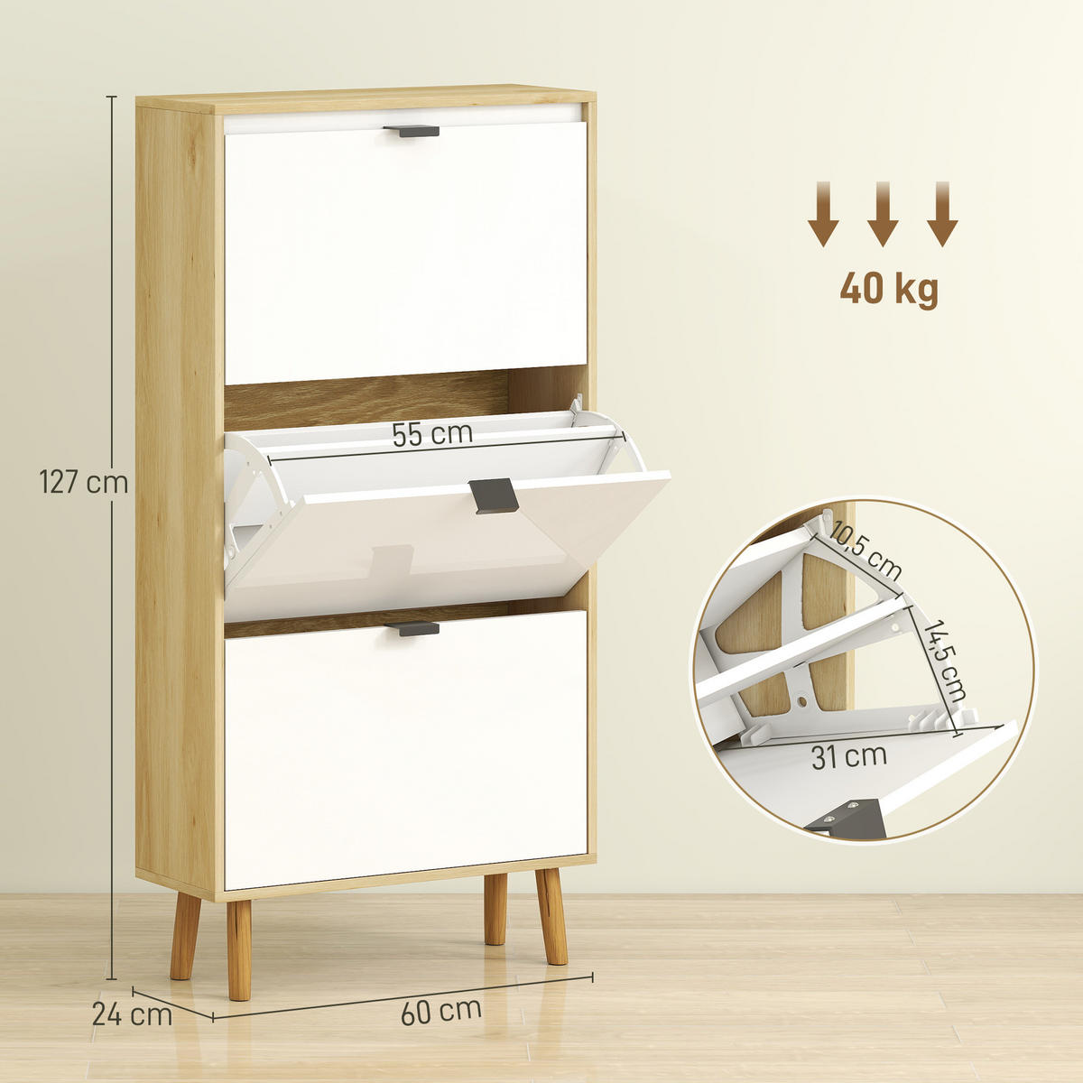 SCHUHSCHRANK DE-15048 3 Klapptüren, weiß Hochglanz, für bis zu 18 Paar Schuhe - Weiß, Holzwerkstoff (60/127/24cm) - ComfortXL