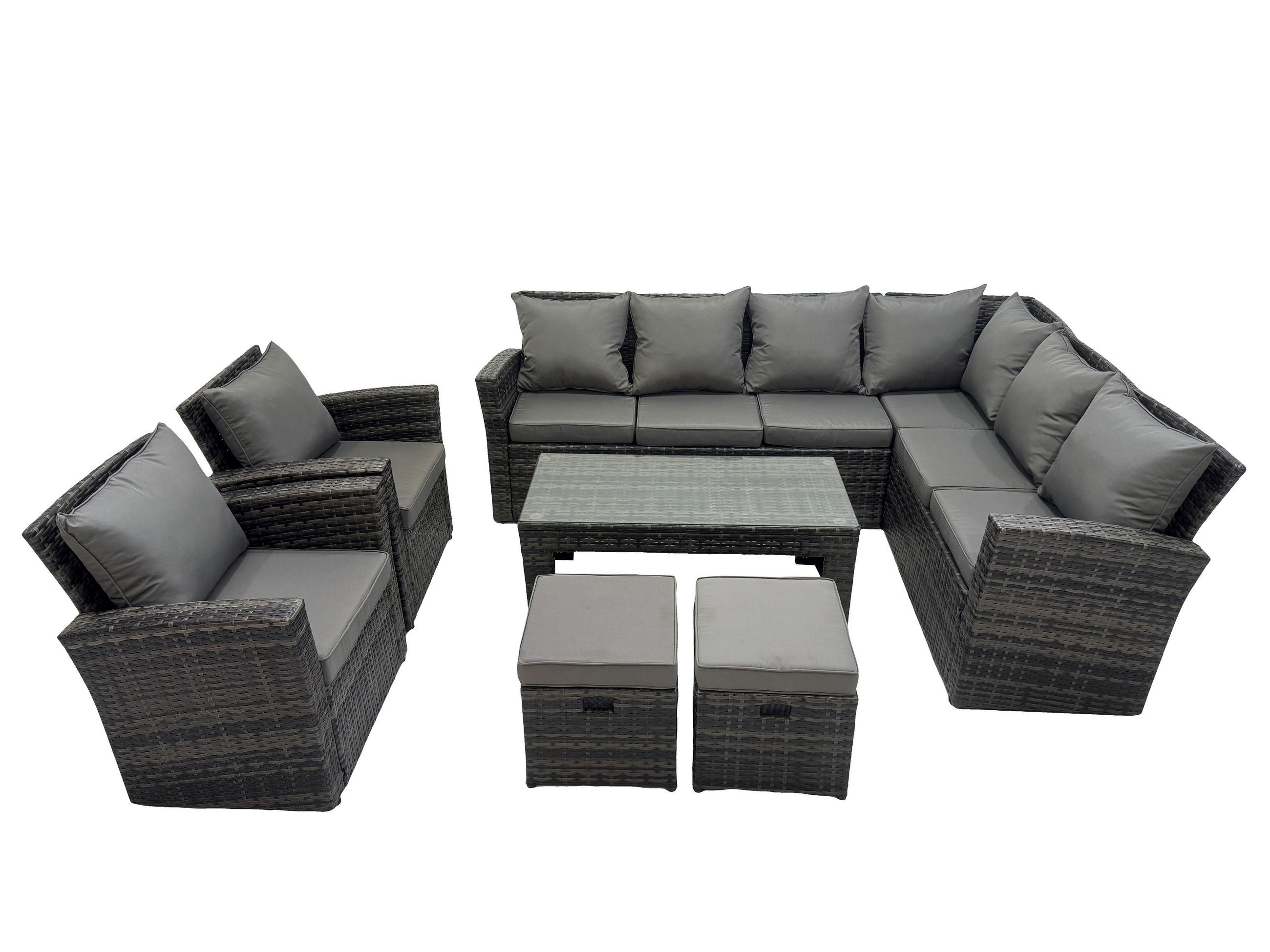 LOUNGEGARNITUR mit Couchtisch Sofa,2 Hocker Polyrattan Dunkelgrau 10-Sitzer - Dunkelgrau/Grau, Glas/Kunststoff - Fimous