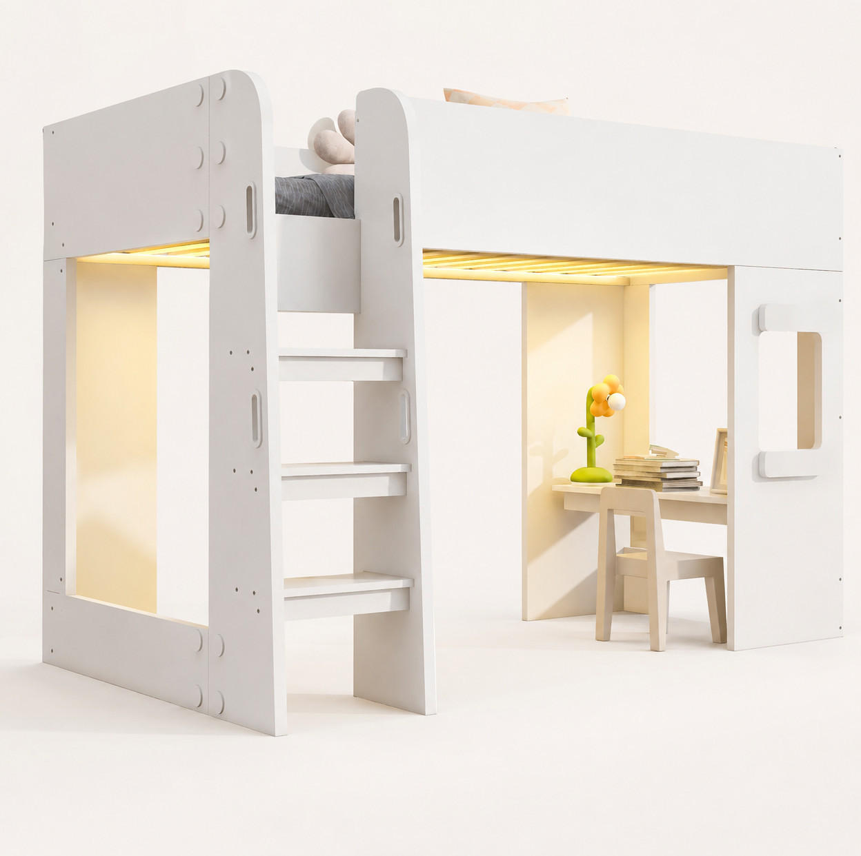 HOCHBETT aus MDF und Sperrholz 90x200 cm Weiß mit Schreibtisch und LED-Beleuchtung - Weiß, Holzwerkstoff (90/200cm) - Modfu