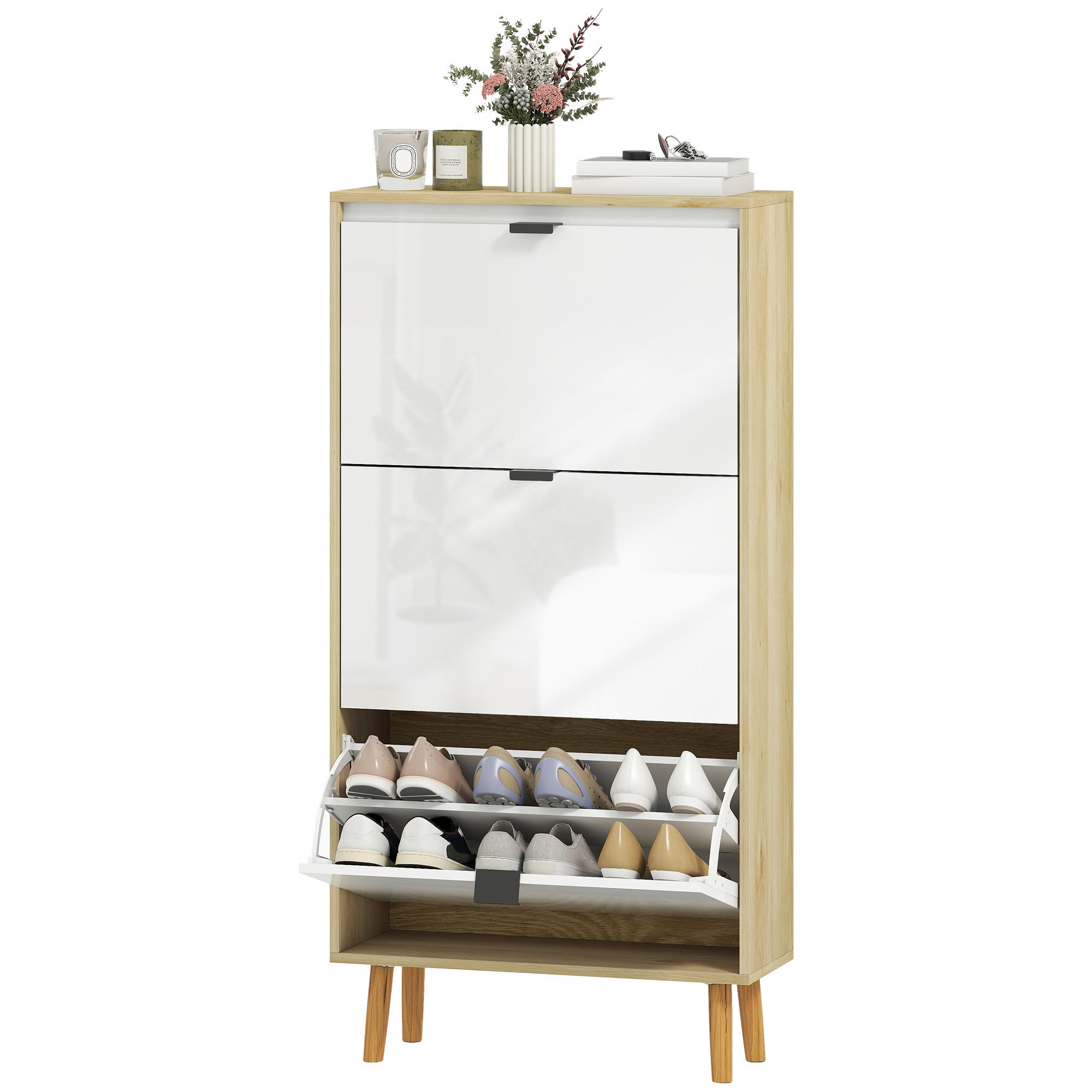 SCHUHSCHRANK, schmaler Schuhschrank, 3 Klappschubladen, Hochglanztür, 60 x 24 x 127 cm, weiß - Weiß, Holzwerkstoff (60/127/24cm) - HOMCOM