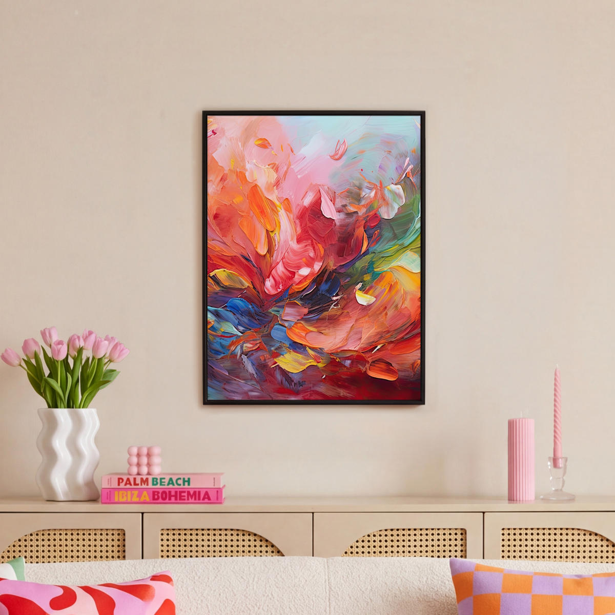LEINWAND Bilder mit Rahmen - Ölgemälde - Kunst - Abstrakt - Farbenfroh - 60x80 - Altrosa, Textil (60/80cm) - MuchoWow