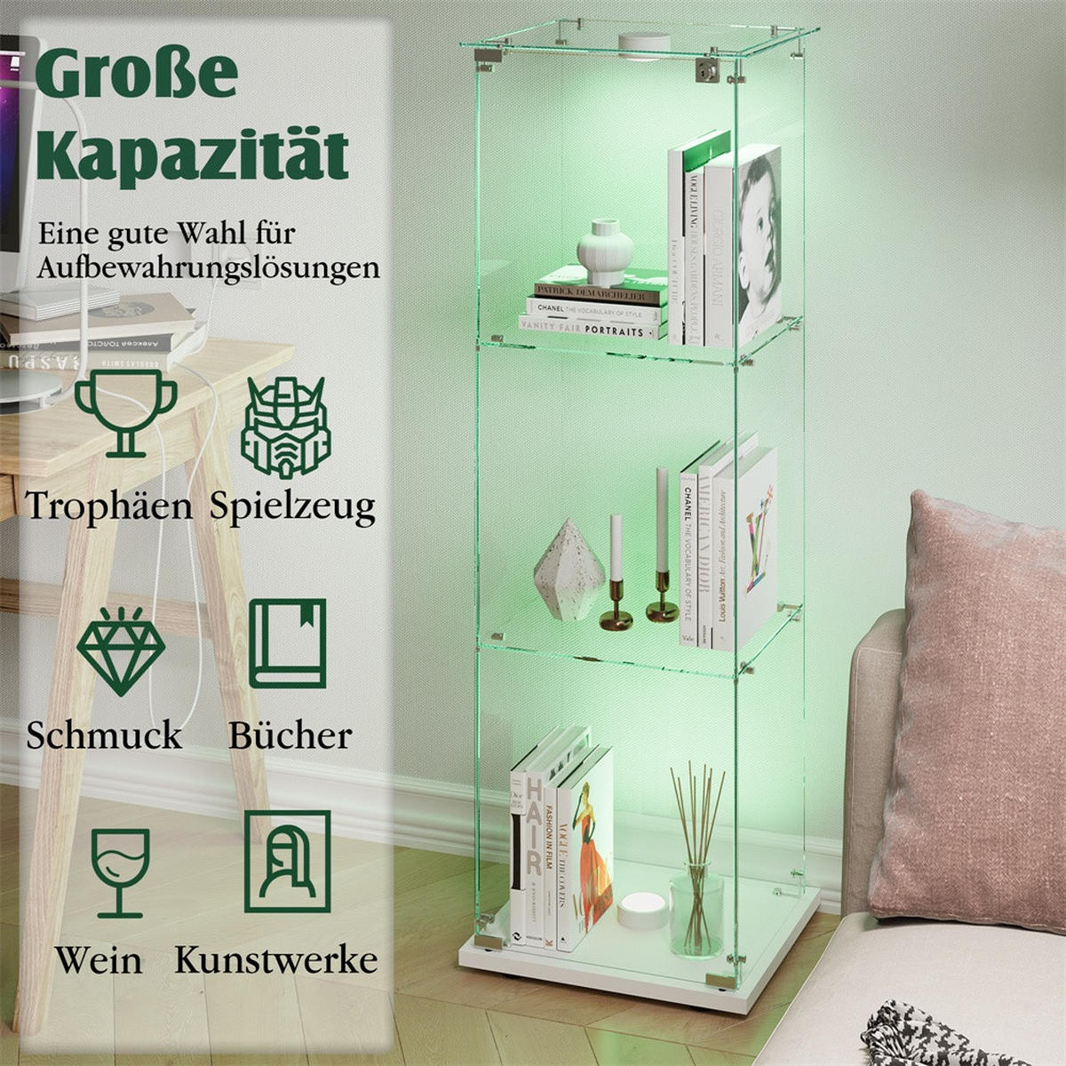 VITRINE - Glasvitrine mit 1 Tür - 3 Ebenen und LED-Beleuchtung - Weißer Boden - Weiß, Glas (39.8/123.3/35cm) - DELFA