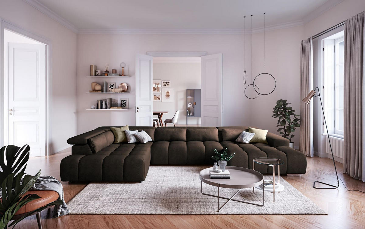 WOHNLANDSCHAFT XXL mit verstellbaren Kopflehnen, Velvet-Stoff - Silberfarben/Braun, Textil/Metall (409/73/225cm) - Cotta