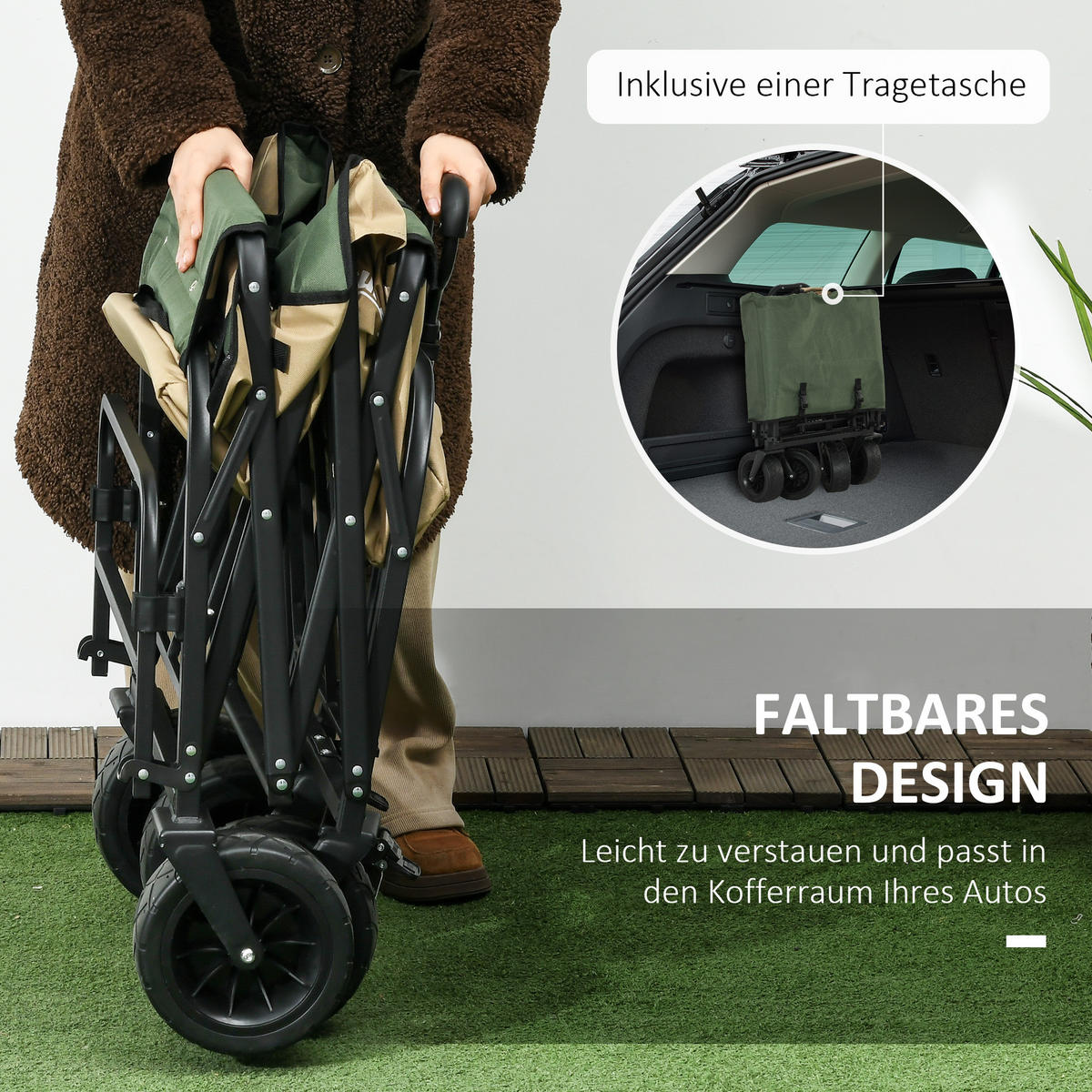 GARTENWAGEN DE-10347 faltbar 110 L, Teleskopgriff Khaki - Taupe, Metall (57/100/94cm) - ComfortXL