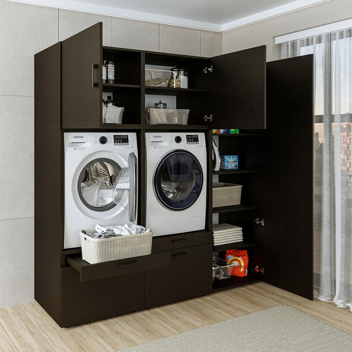 WASCHMASCHINENSCHRANK Serie 2 194cm Breit, 205cm Hoch - Schwarz, Holzwerkstoff (194/205/67cm)