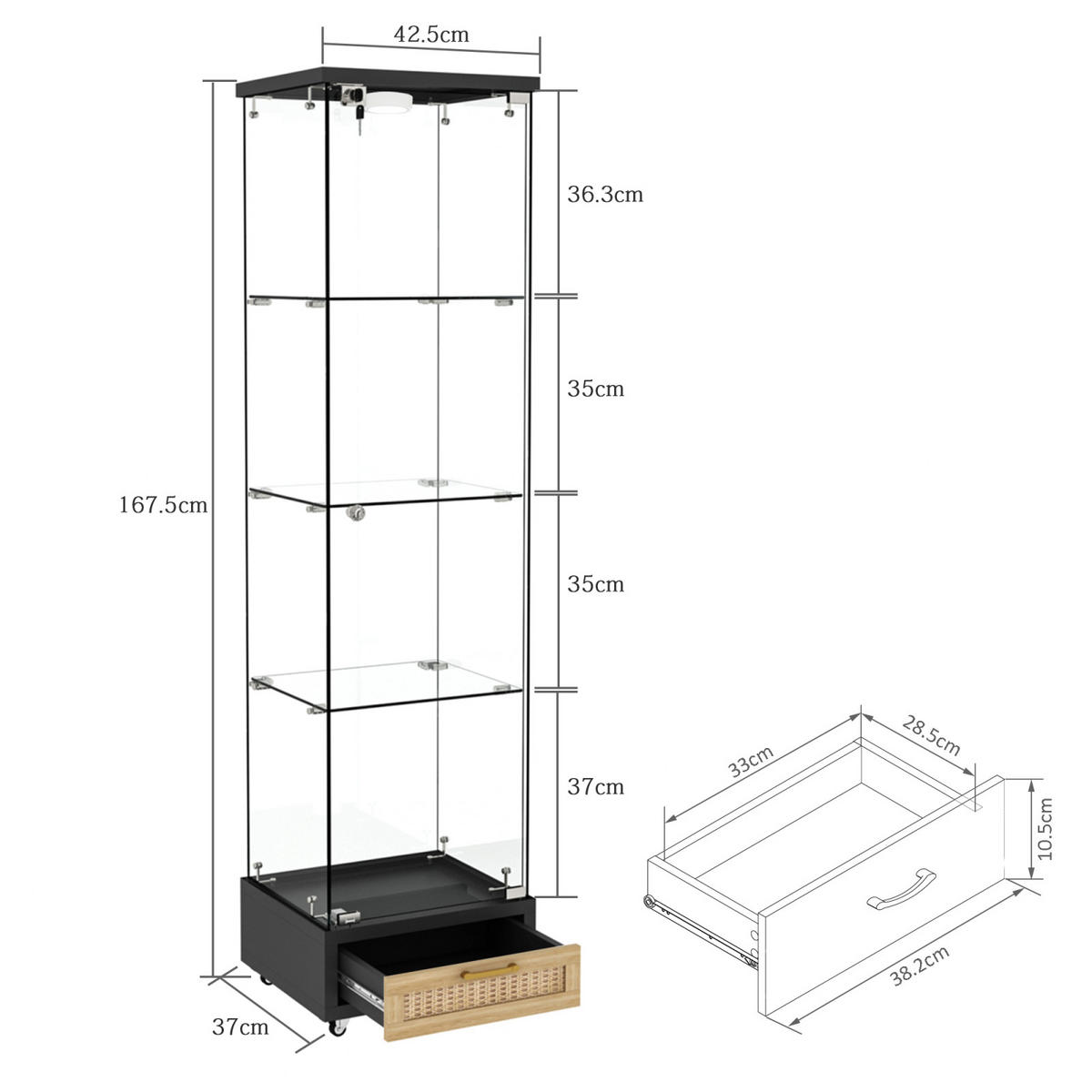 VITRINENSCHRANK 167/43/37 cm,Vitrine mit LED und Schubladen aus gehärtetem Glas Schwarz - Schwarz, Glas (42/167/36cm) - PARAFTA HOME