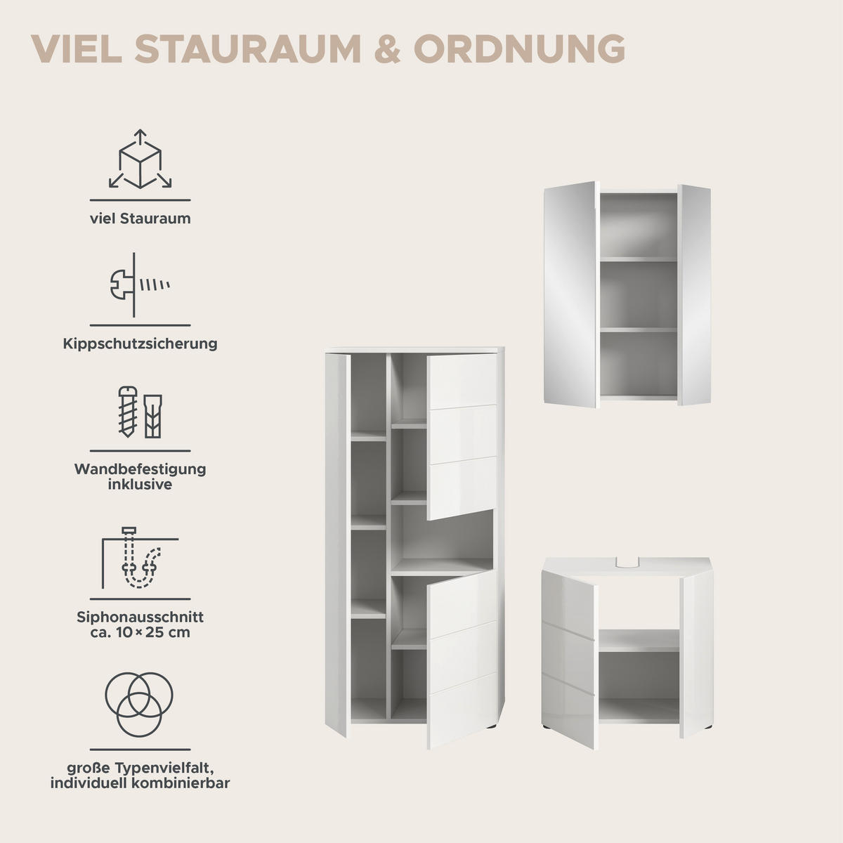 BADKOMBINATION 3tlg. Vira Bad in weiß Melamin und weiß hochglanz B/H/T: 135x190x34 cm - Weiß, Holz (135/190/34cm)