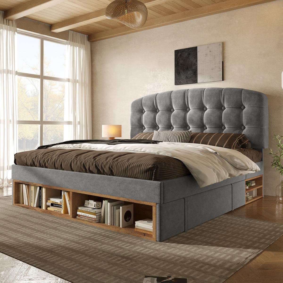 POLSTERBETT 90/200 cm in Grau Samt mit Schubladen und Regal - Grau, Holzwerkstoff/Textil (90/200cm) - WISHDOR