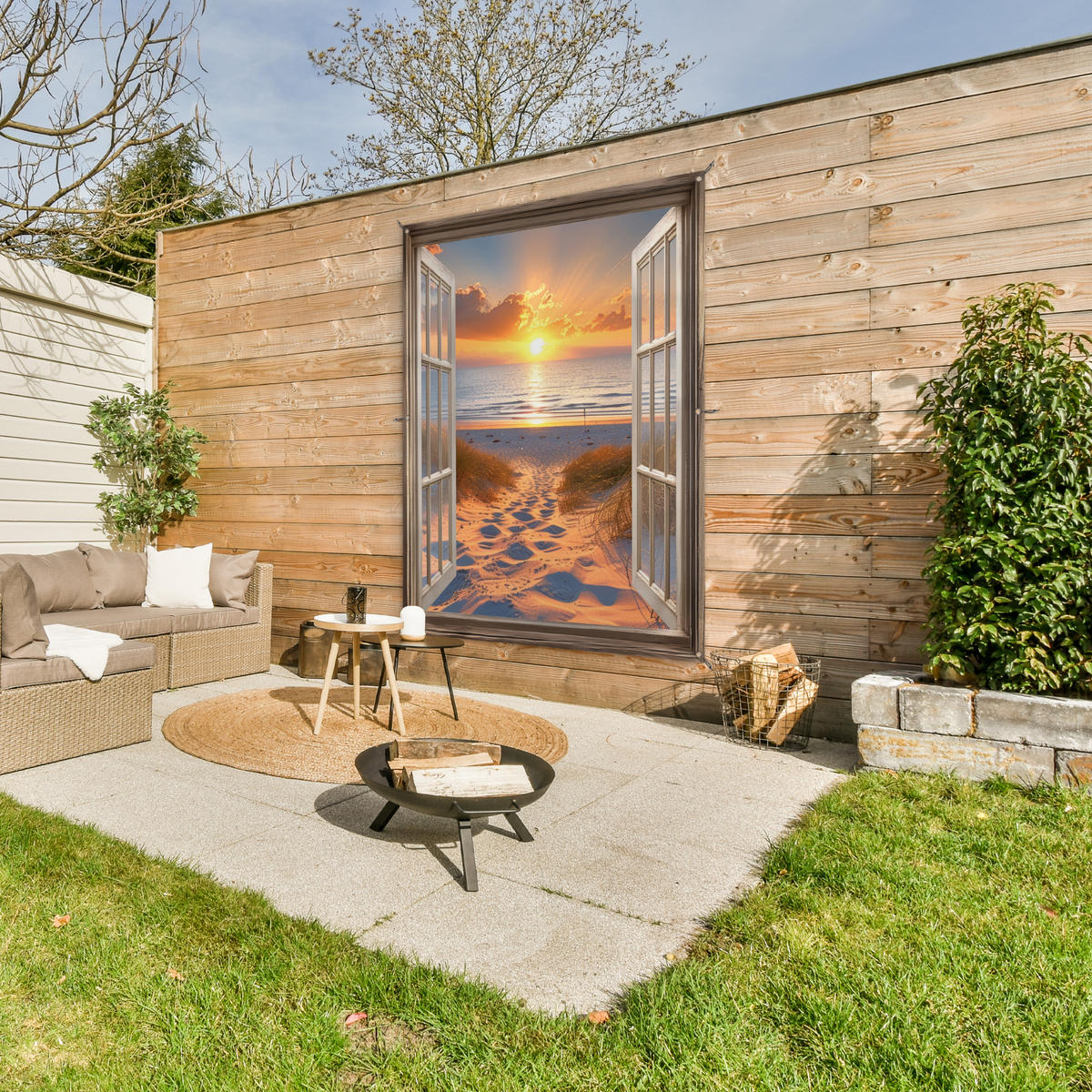 GARTENPOSTER Durchblick - Strand - Dünen - Sonnenuntergang 120x160 cm - Orange, Kunststoff (120/160/0.2cm) - OnlyWow