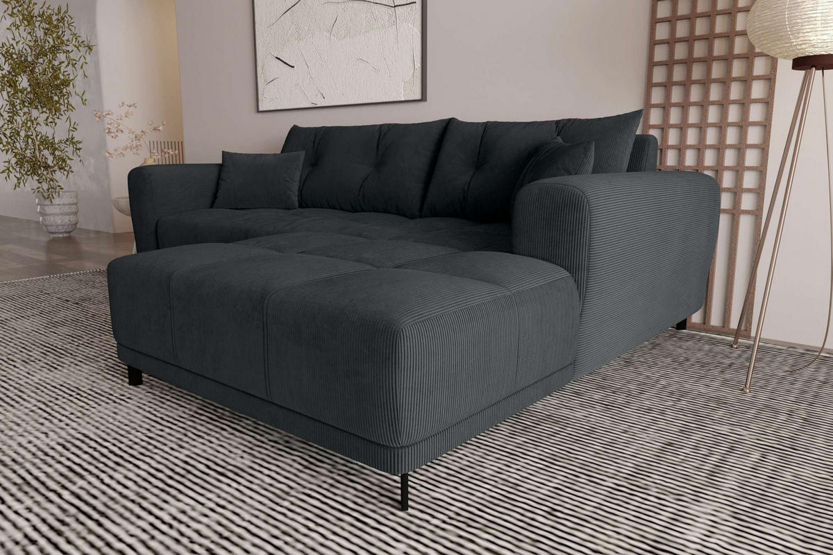ECKSOFA Massimo Cordstoff Graphitfarben inkl. Schlaffunktion Rechts - Schwarz/Graphitfarben, Textil/Metall (246/177cm) - 99rooms