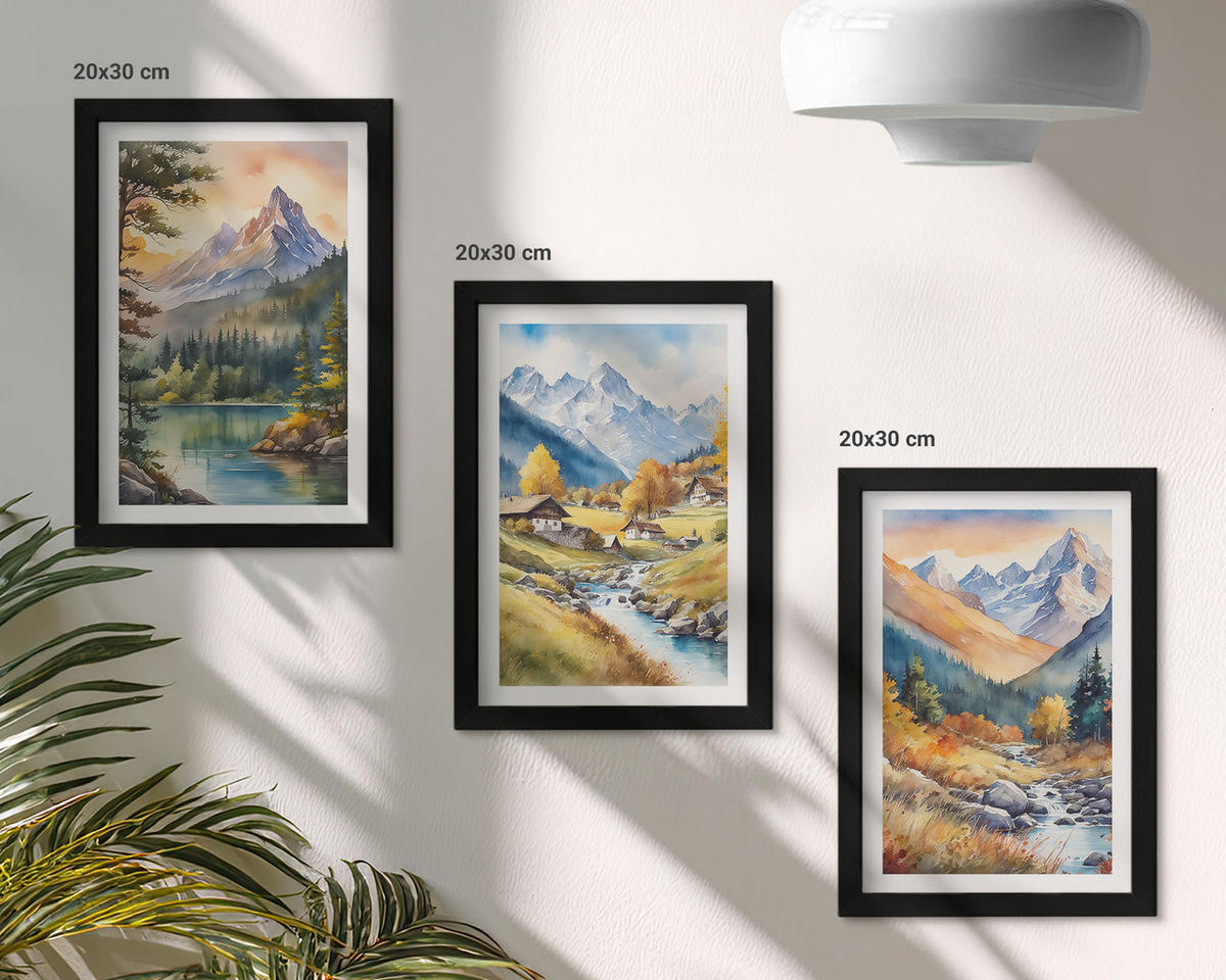 BILDER SET 3er Set - 20x30 cm Schwarzer Rahmen - Berglandschaft mit einem Fluss - Schwarz, Kunststoff (20/30cm) - TULUP