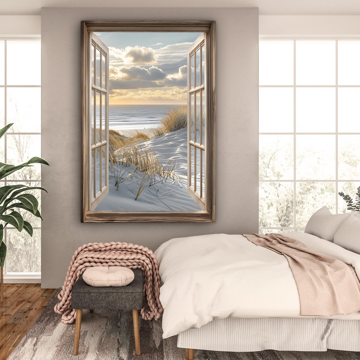 LEINWANDBILD Ausblick - Strand - Dünen - Meer - Natur Deko Groß 90x140 cm - Sandfarben, Textil (90/140cm) - MuchoWow