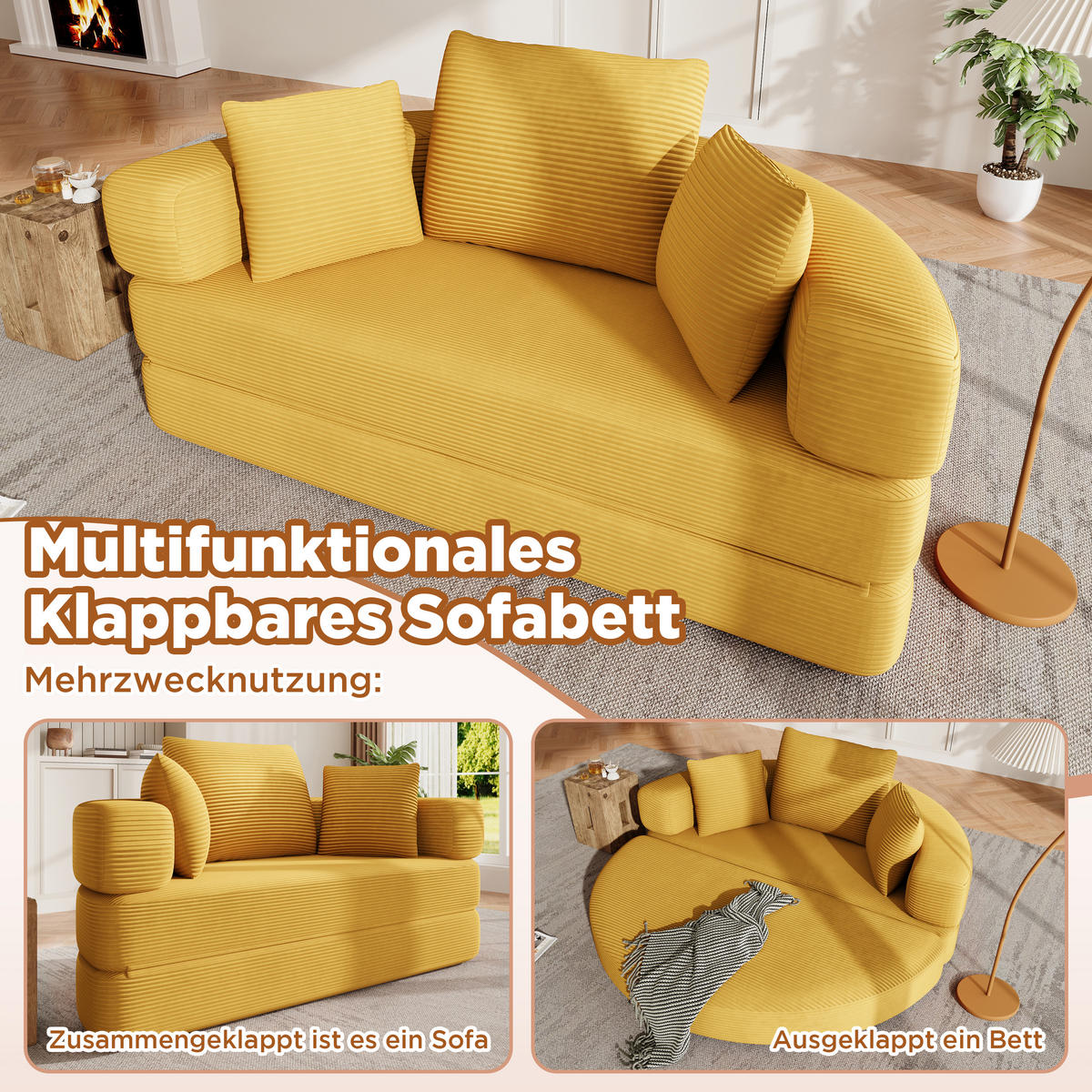SCHLAFSOFA 173/88/60 cm Gelb mit 3 Kissen - Gelb, Textil (176/40/173cm) - Oxeza