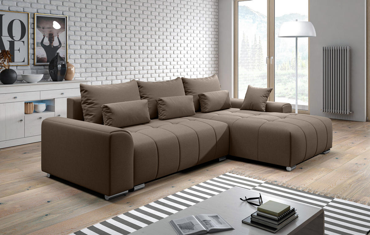 ECKSOFA L Form Rivolli Braun 260/179/98 cm – modernes Sofa fürs Wohnzimmer - Silberfarben/Braun, Textil/Metall (260/179cm) - AX Living