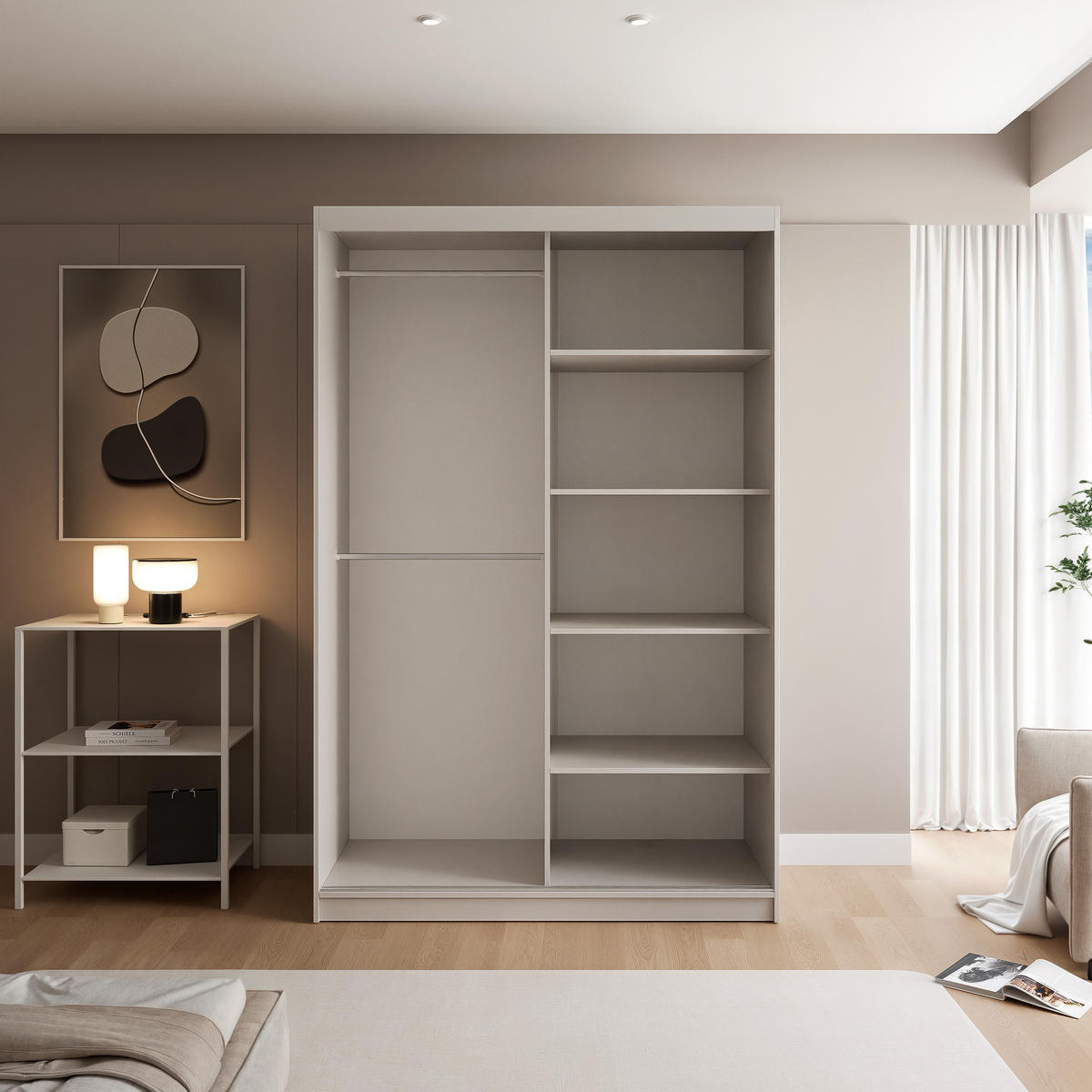 SCHIEBETÜRENSCHRANK SILENTE 140 cm mit Einlegeböden und Kleiderstange - Beige, Holzwerkstoff (140/205/60cm) - Idohome