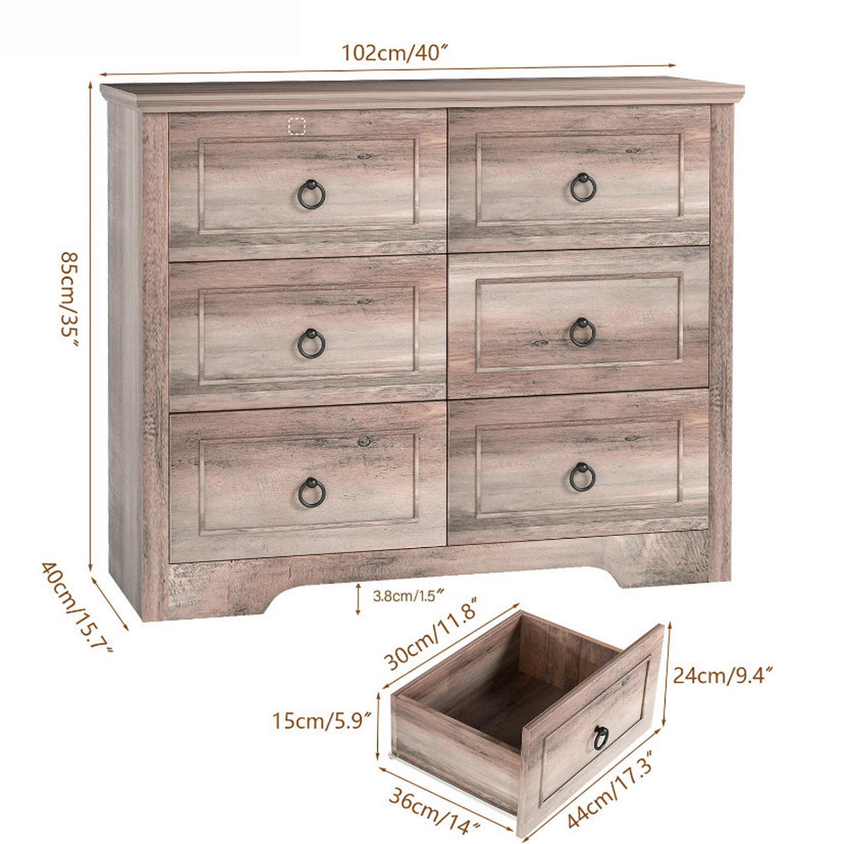 KOMMODE Rustikal 6 Schubladen – Freistehende MDF-Kommode mit Kippschutz, 102 × 40 × 85 cm, Grau - Wildeiche, Holzwerkstoff (102/85/40cm) - Ej. Life